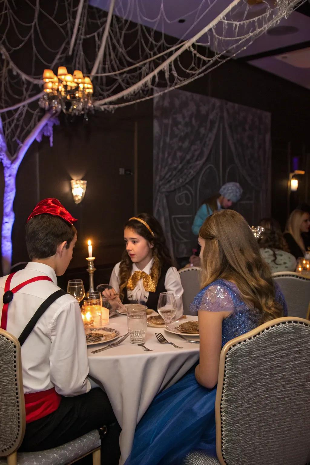 Teens acting as detectives at a captivating whodunit dinner evening.