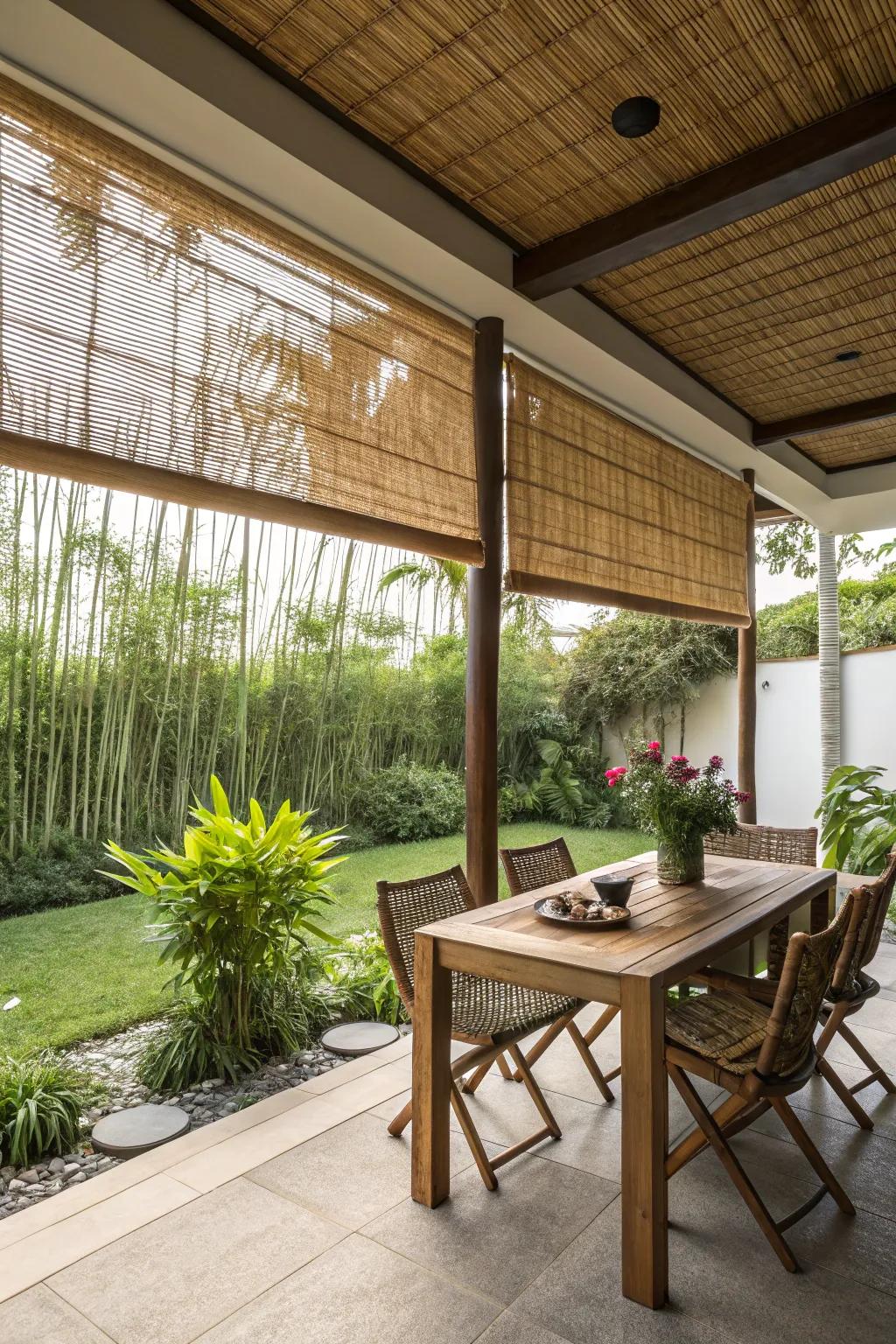 Bamboo shades offer an eco-conscious and exotic patio feel.