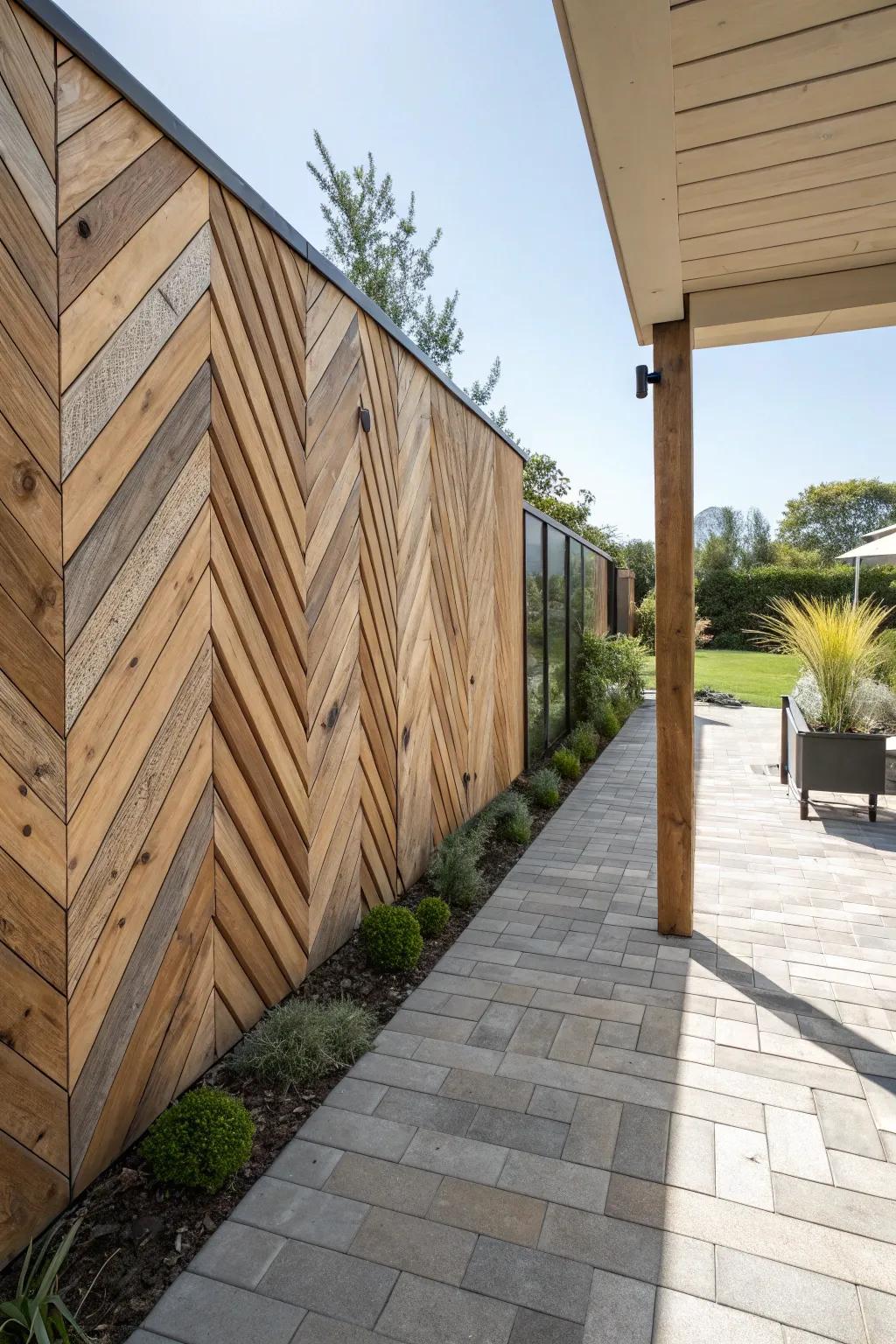 A patio wall showcasing a striking chevron timber pattern.