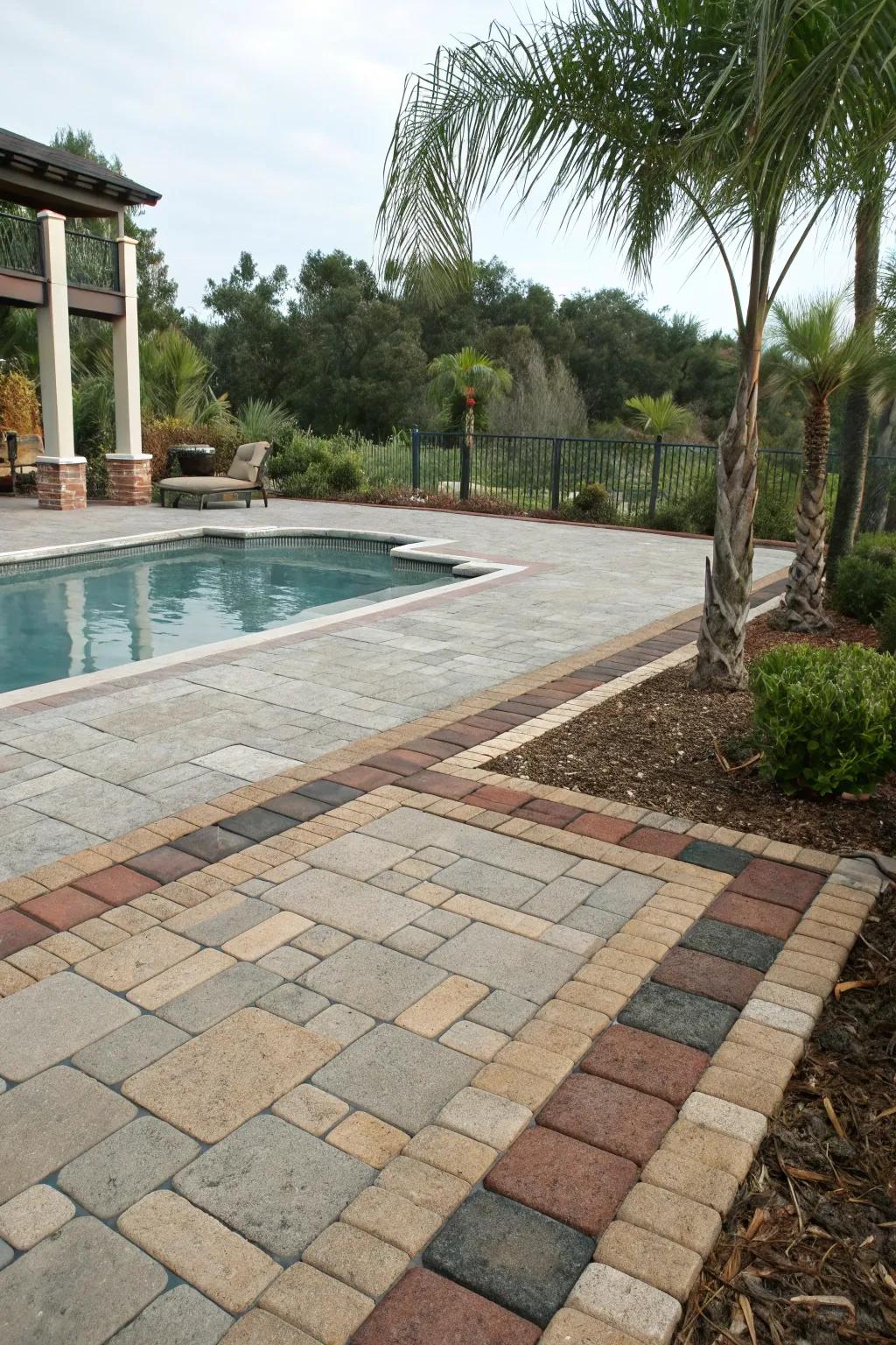 A mix of materials creates depth and visual interest around the pool.