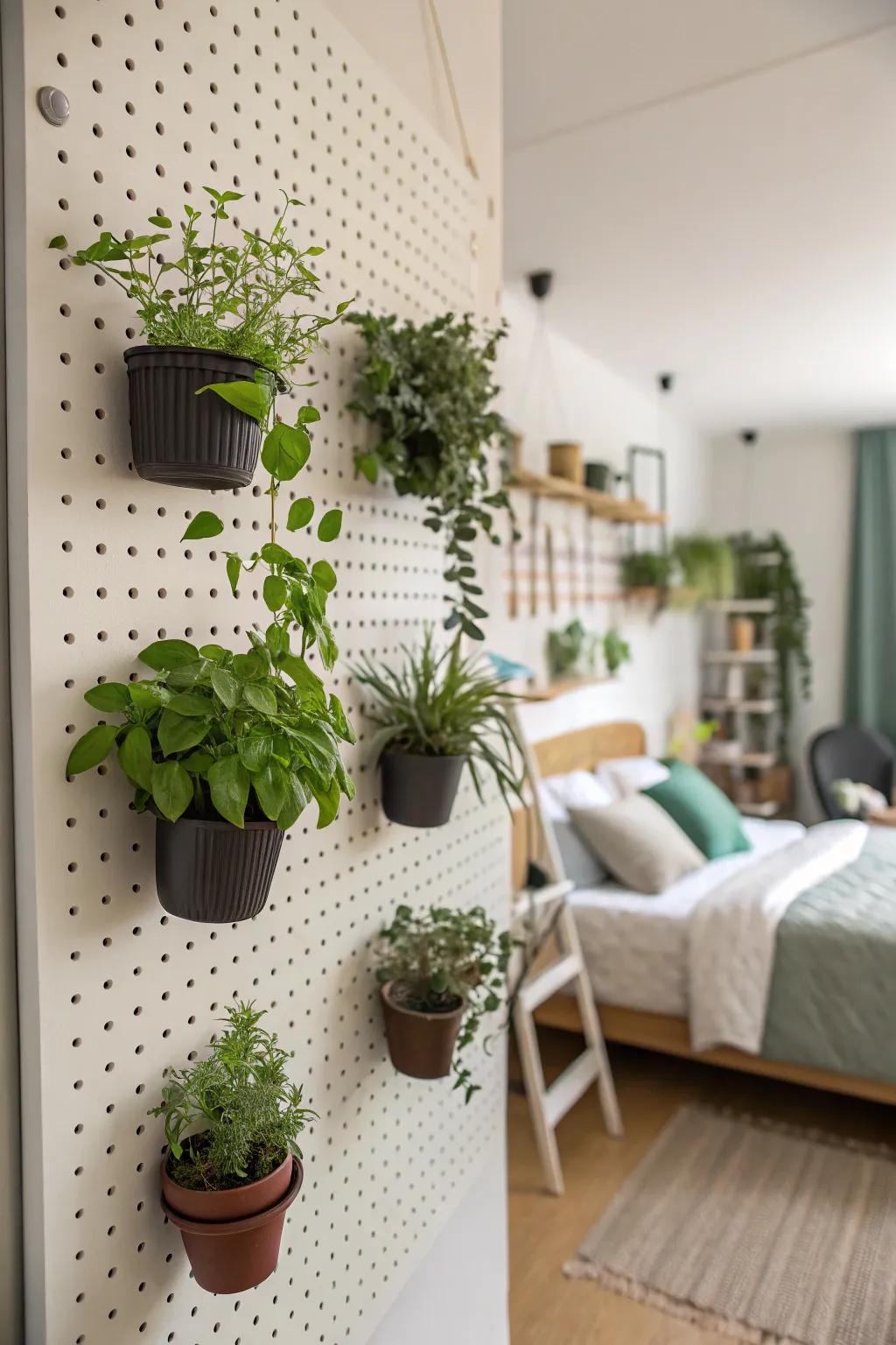 Introduce nature indoors using a pegboard plant feature.