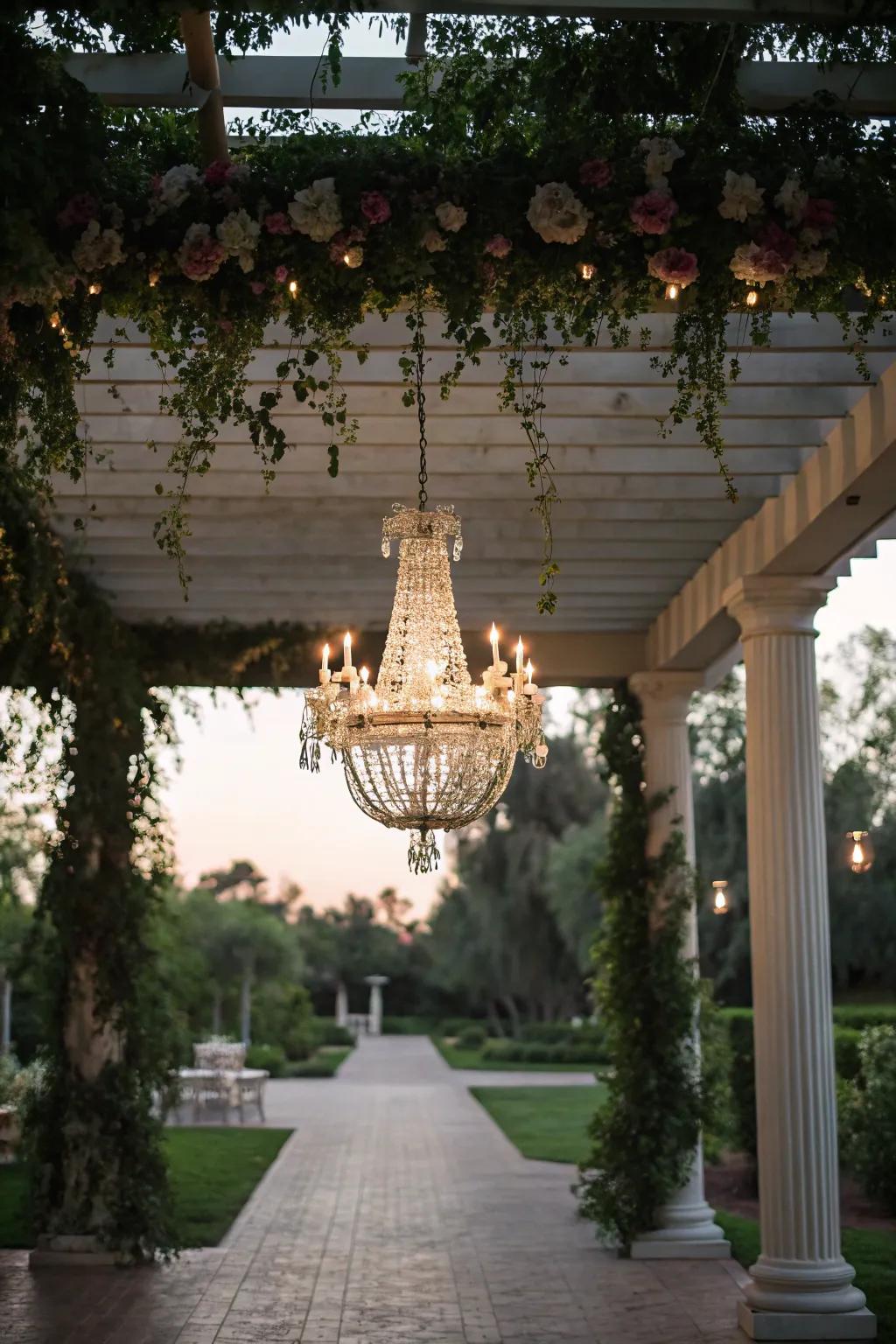 A chandelier adds charm and style to your pergola.