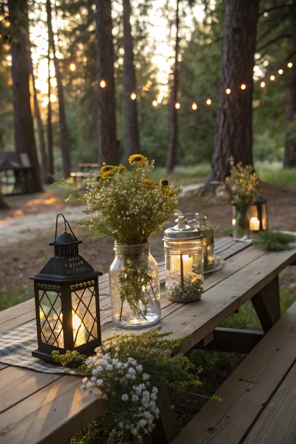 Classic finds like lanterns and jars add nostalgic charm to this picnic table.