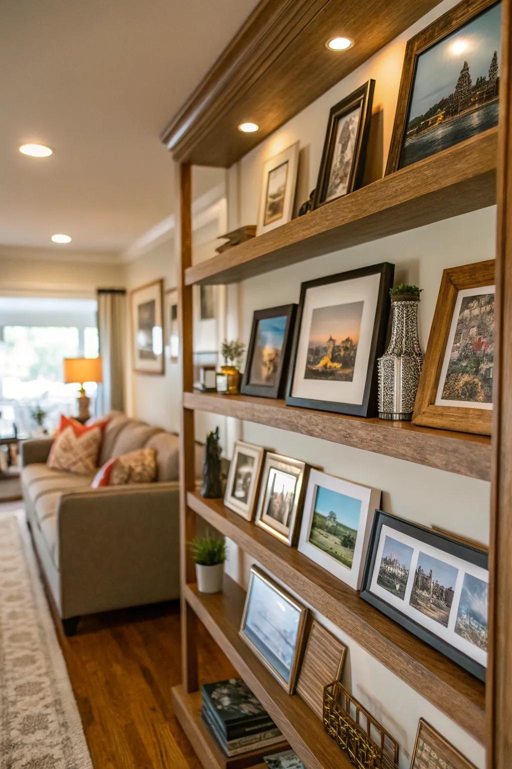 Display ledges feature travel photos and souvenirs.
