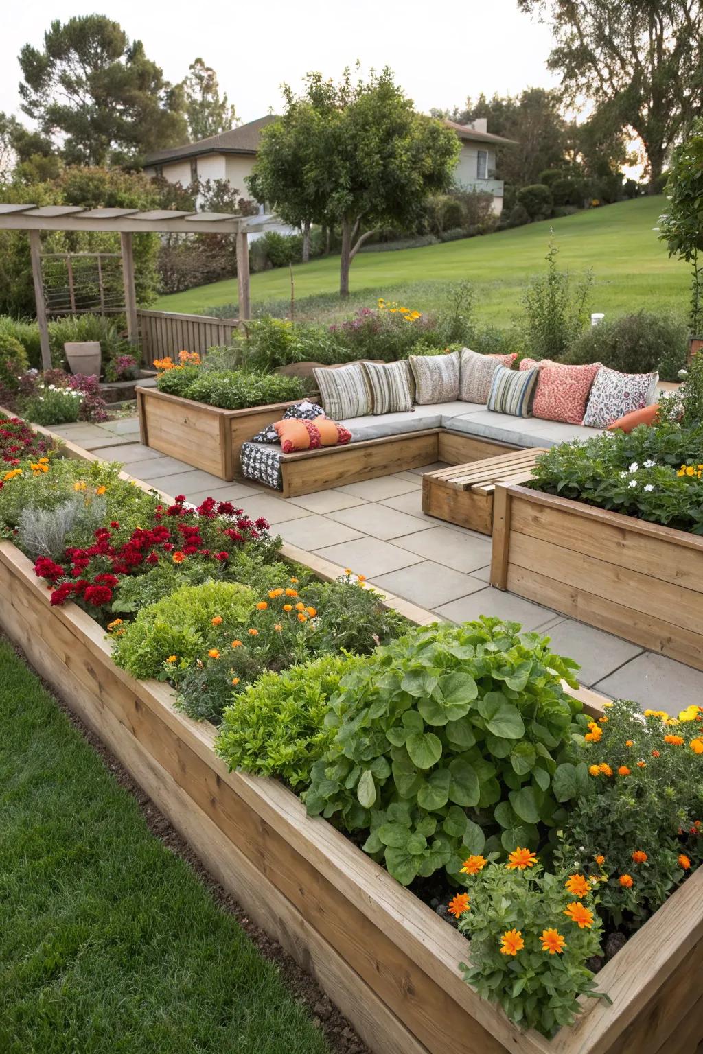 Savor your garden from incorporated seating nestled within your raised beds.