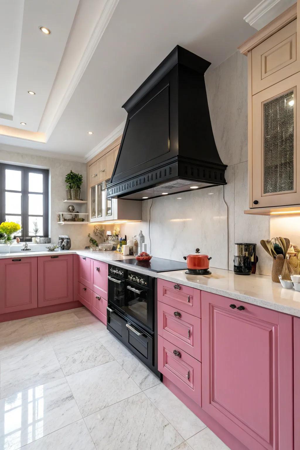 A striking charcoal range hood provides both function and flair.