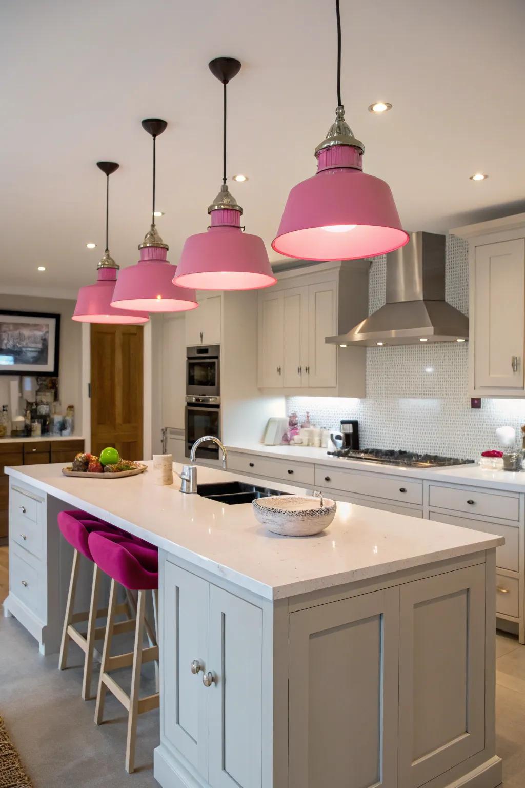 Rose hanging bulbs adding a playful accent to the cooking space.