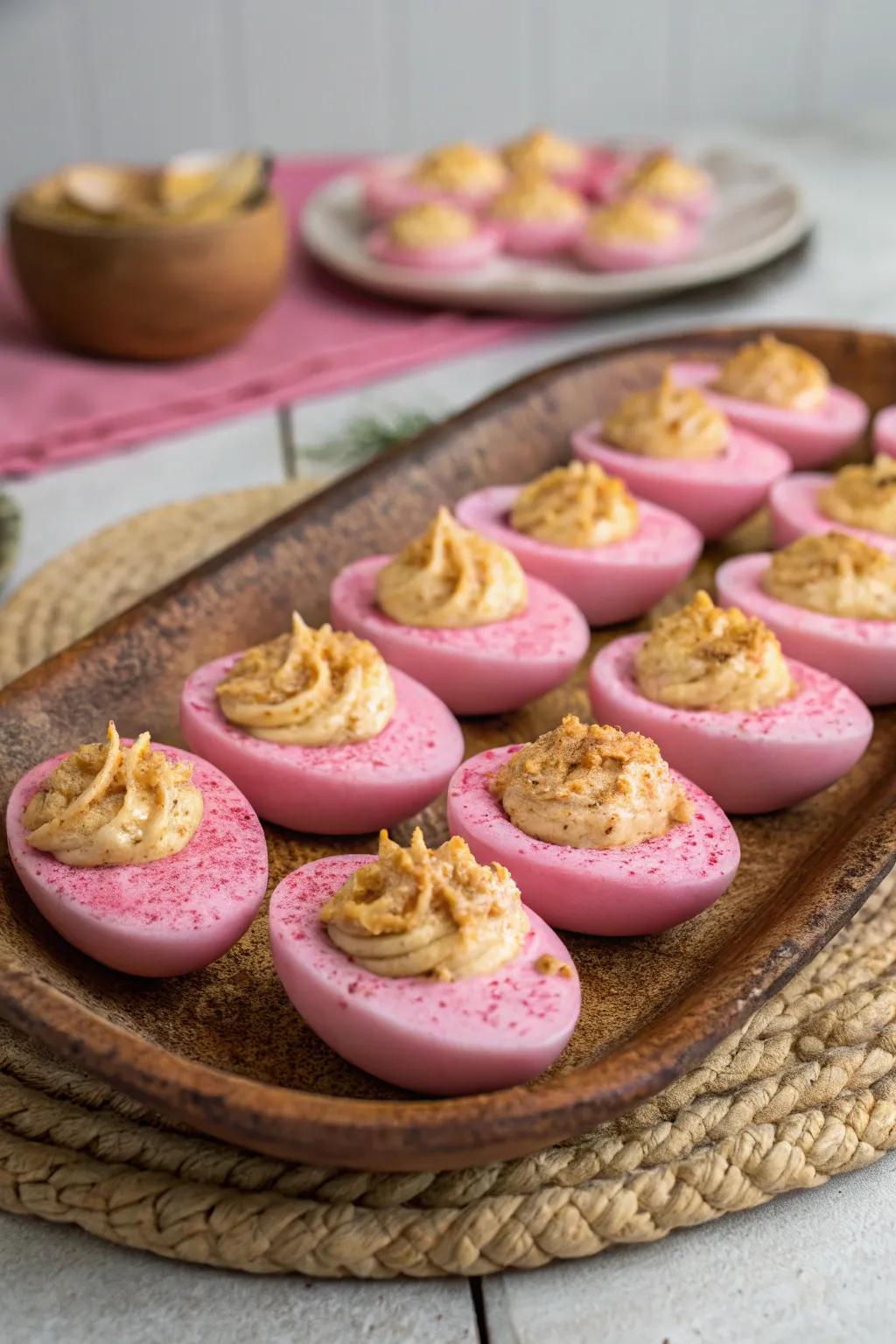 Rosy deviled eggs make a vibrant and tasty appetizer.