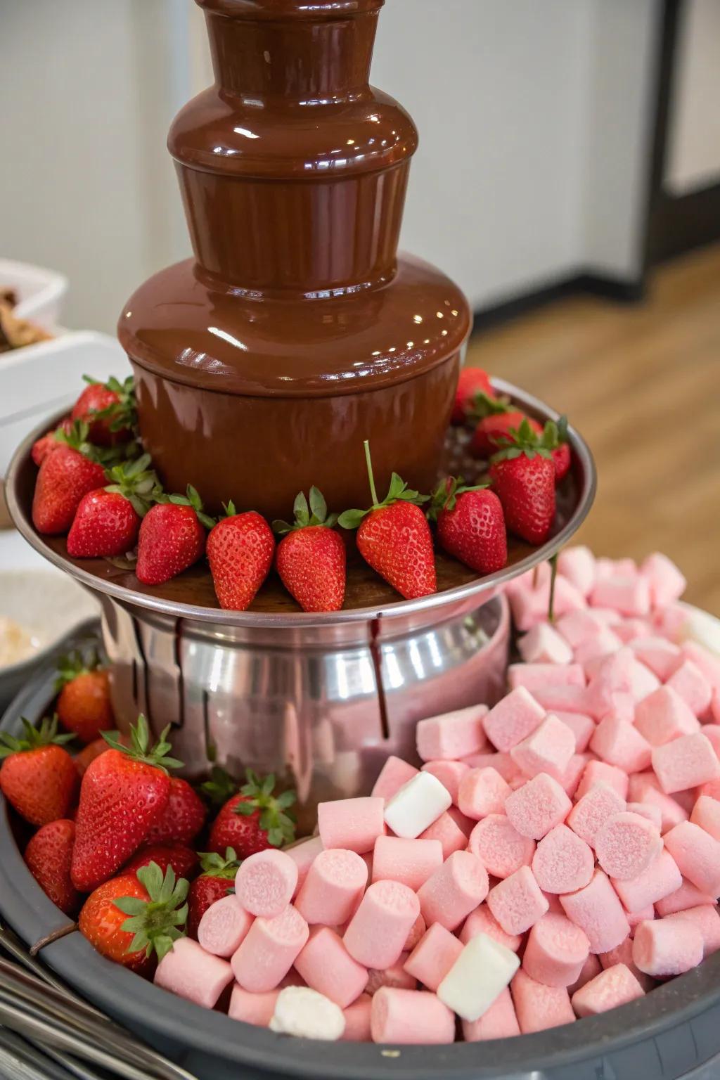 A chocolate fountain with pink accompaniments offers a sweet indulgence.