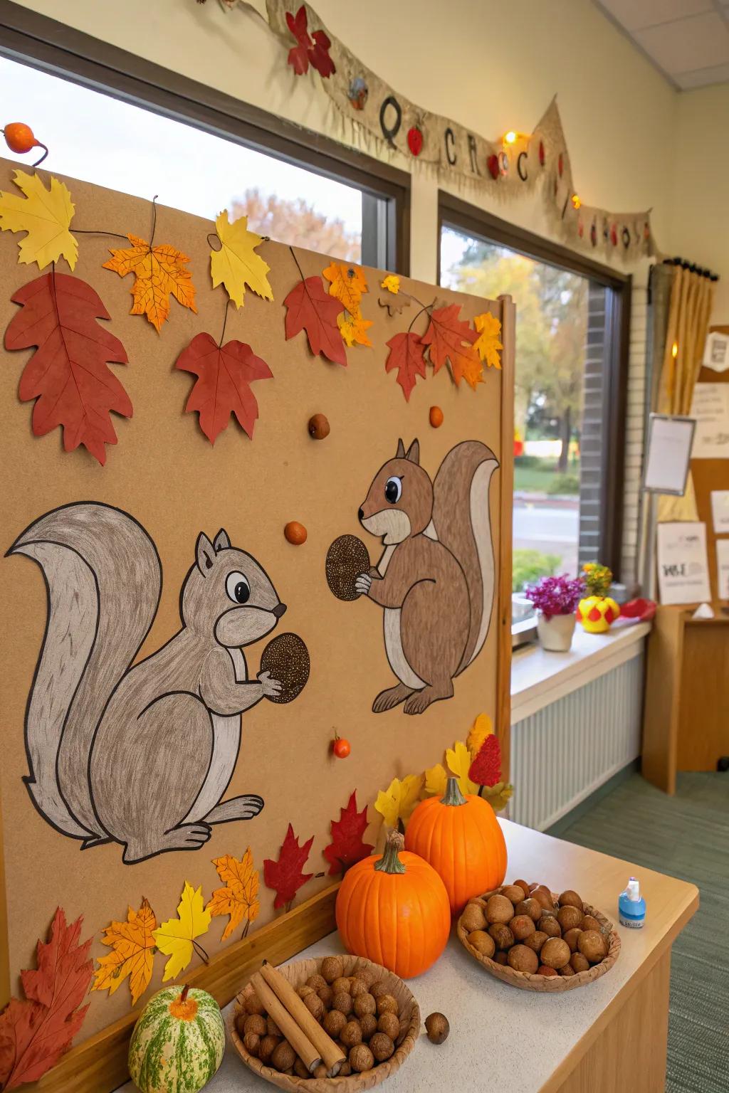 A fanciful fall display board showcasing squirrels and nuts.