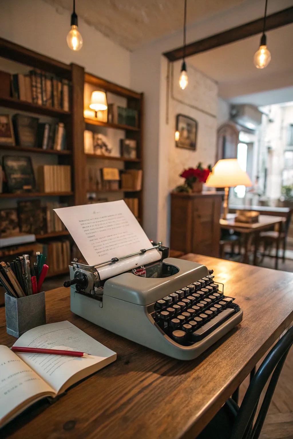 An antiquated writing machine setup infuses retro allure and encourages creativity.