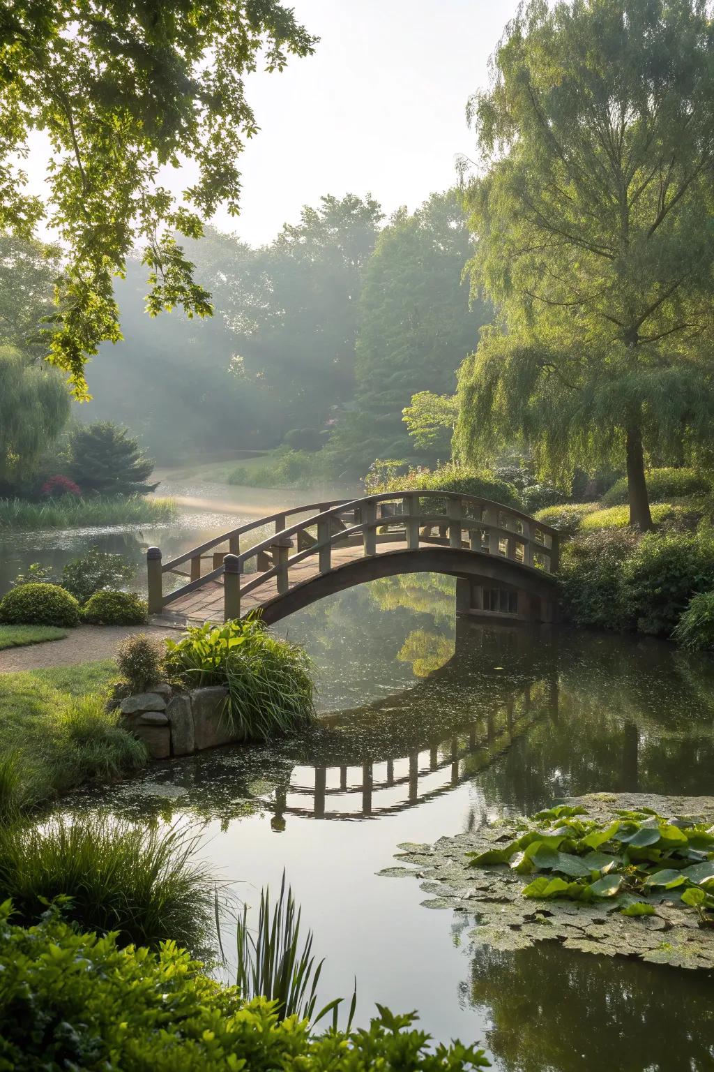 A bridge over the pond builds a captivating and picturesque focal element.