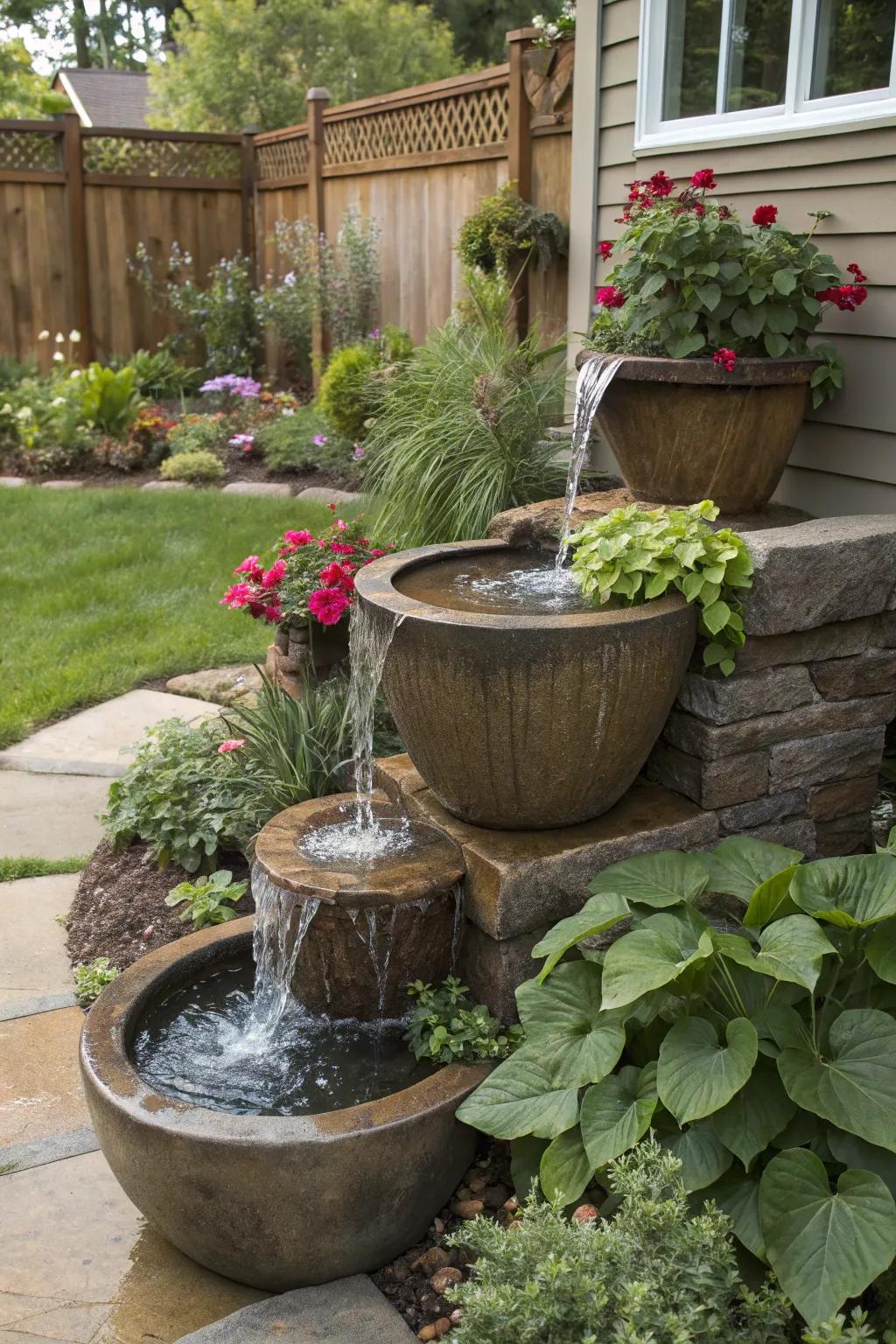 A tiered water element featuring cascading vessels.