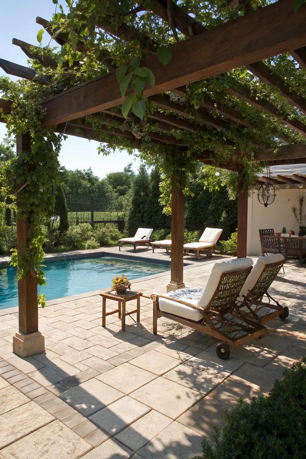 Awnings offer shade and design to poolside retreats.