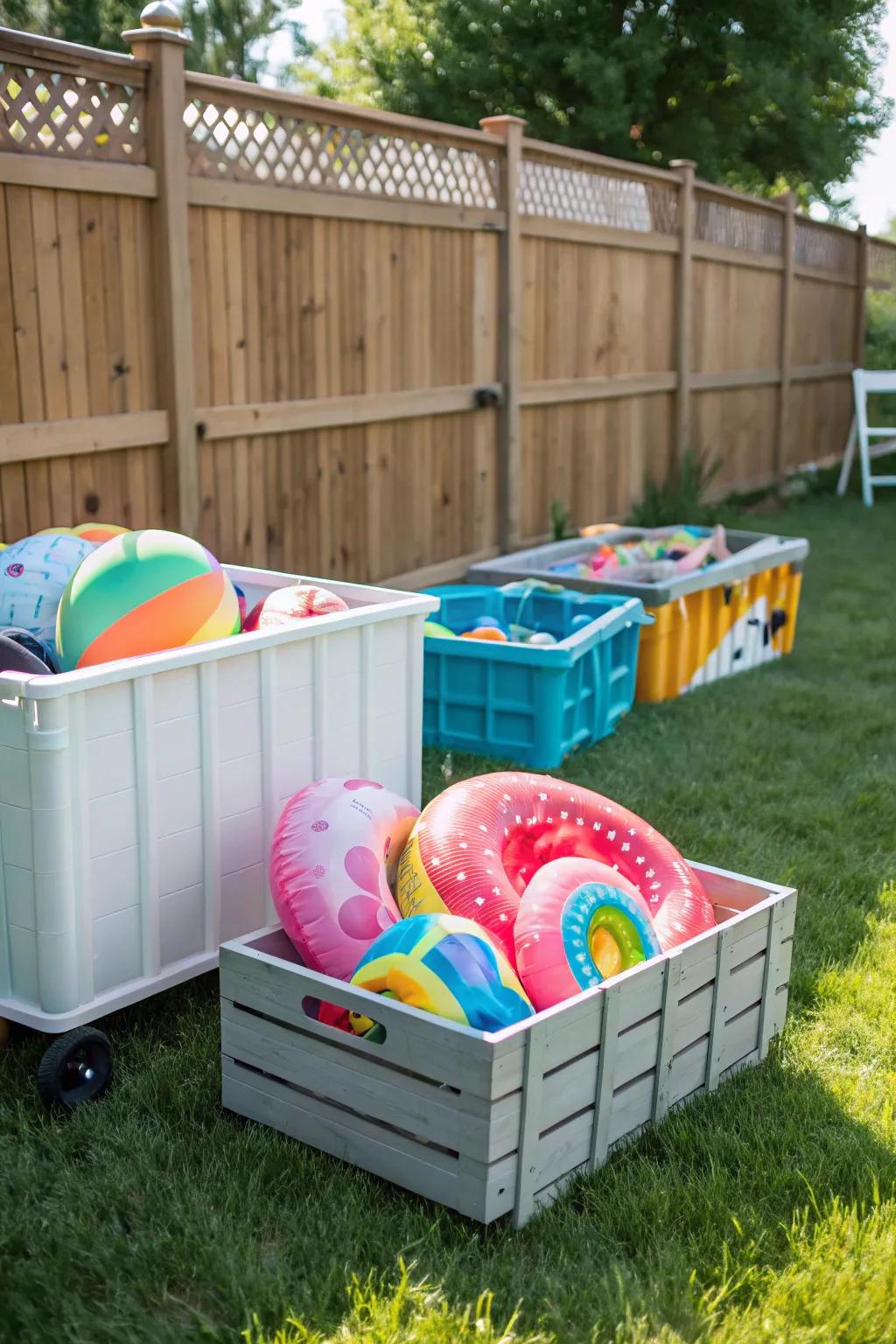 Rolling crates extend flexible and mobile storage for pool floats.