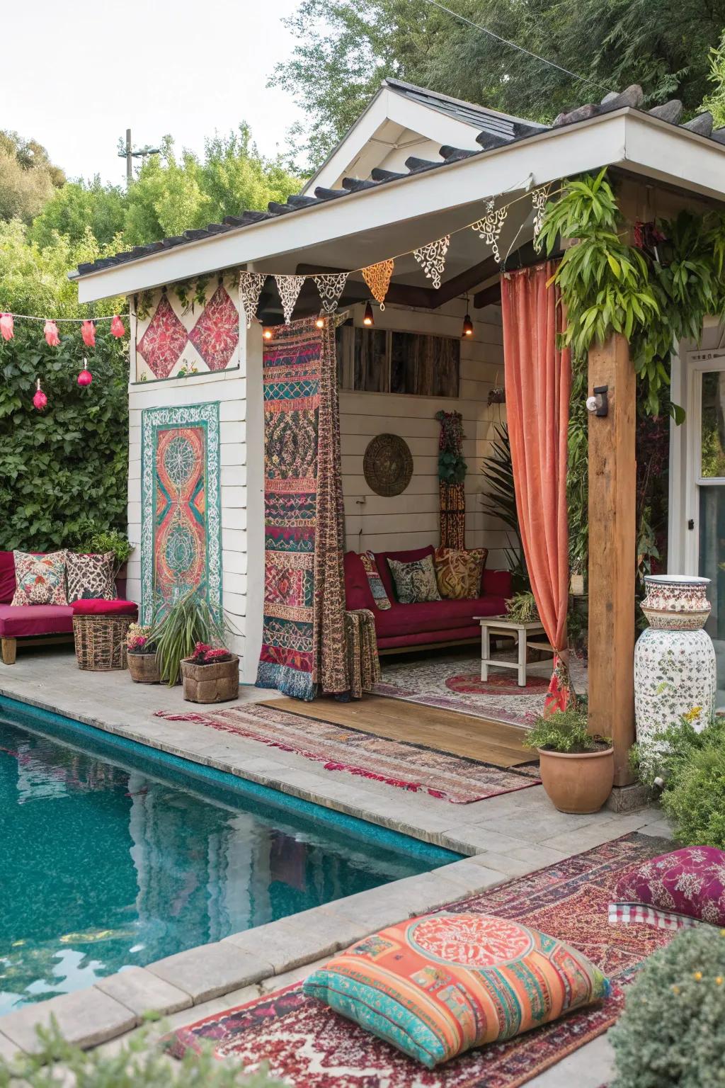A free-spirit pool house filled with colorful and eclectic decorations.