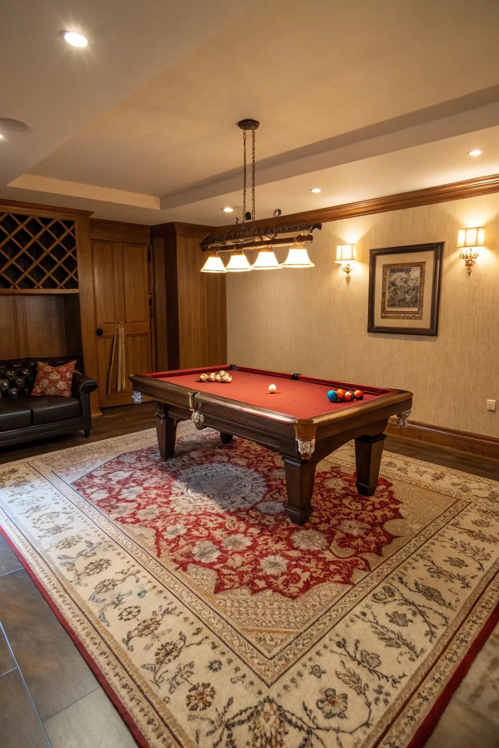An accent rug enhances the style and defines the space in a small pool table room.