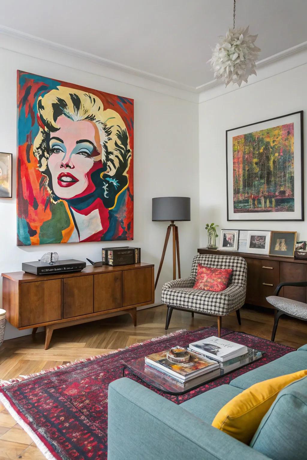 A lively fusion of abstract interpretation and artistic pop creates a dynamic piece.