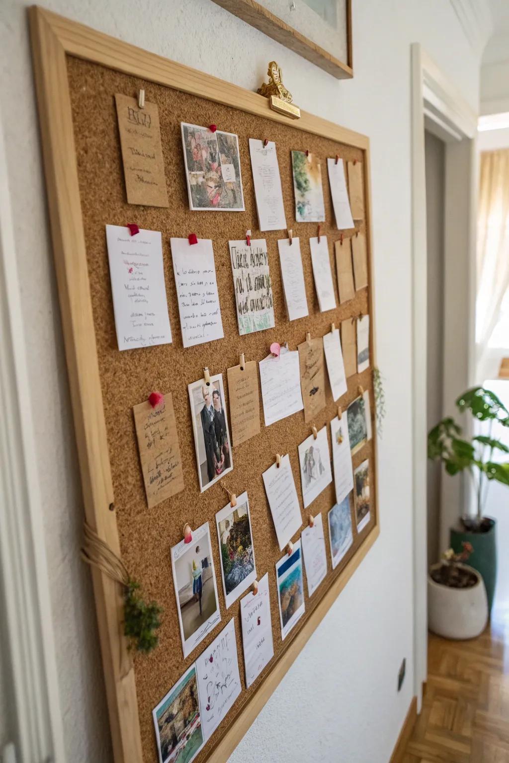 A fiberboard devotional display filled with pinned annotations and personal photos.