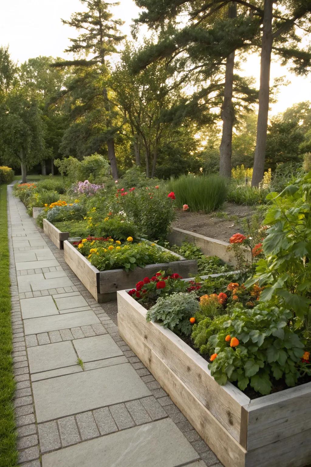 Planting boxes and raised patches specifying property edges.