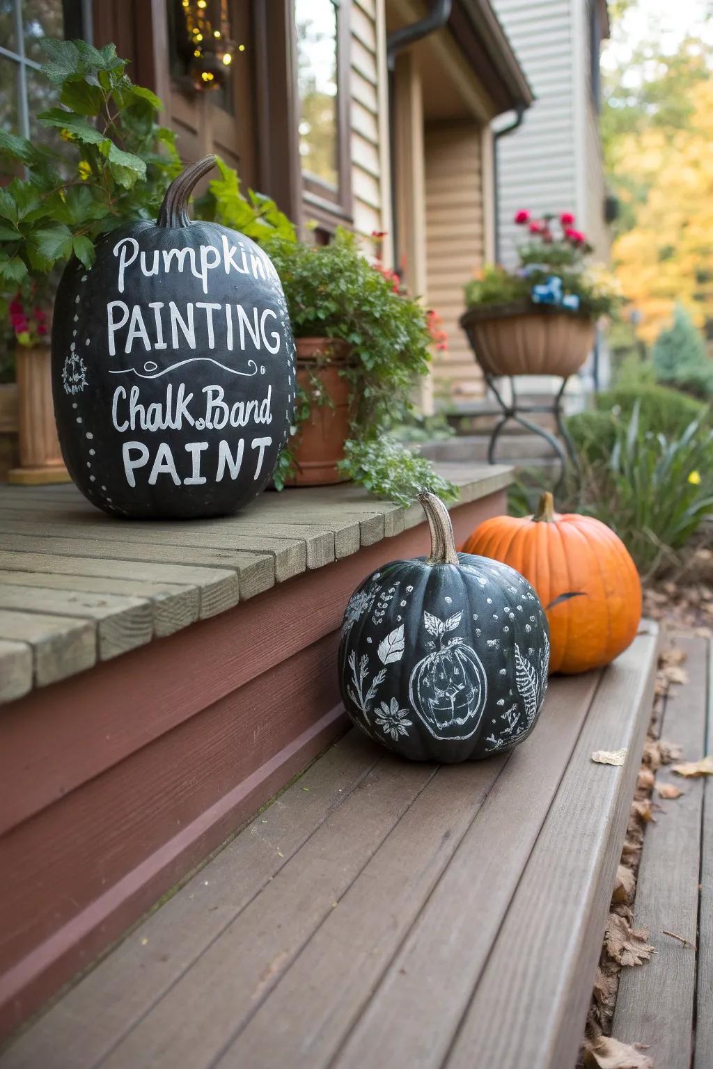 Note board pumpkins displaying seasonal missives.