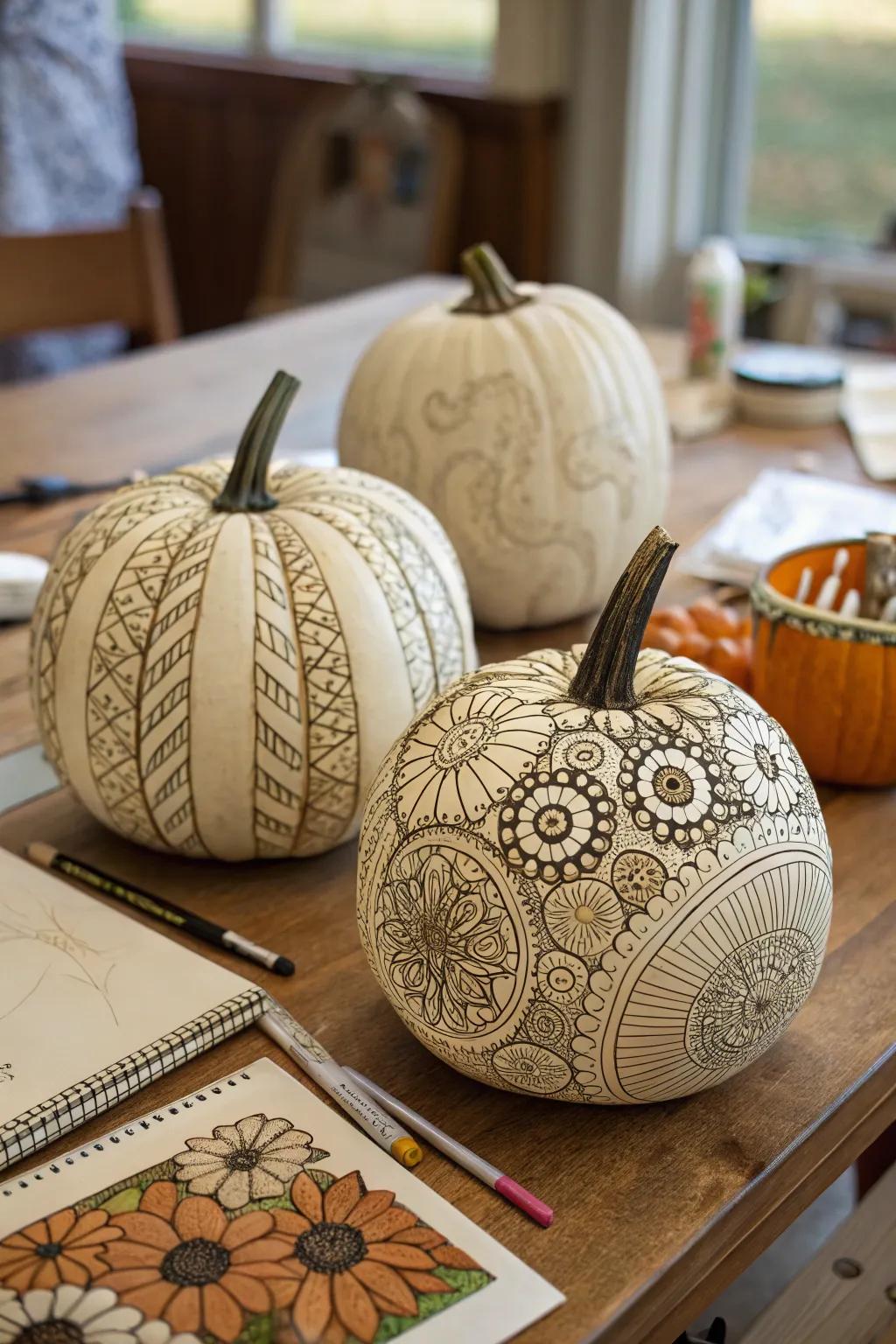 Zentangle pumpkins displaying complex artwork.
