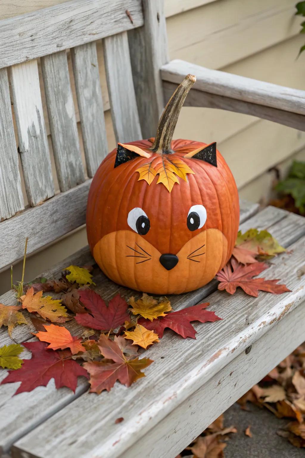 A delightful forest creature pumpkin enhancing nature-themed decor.