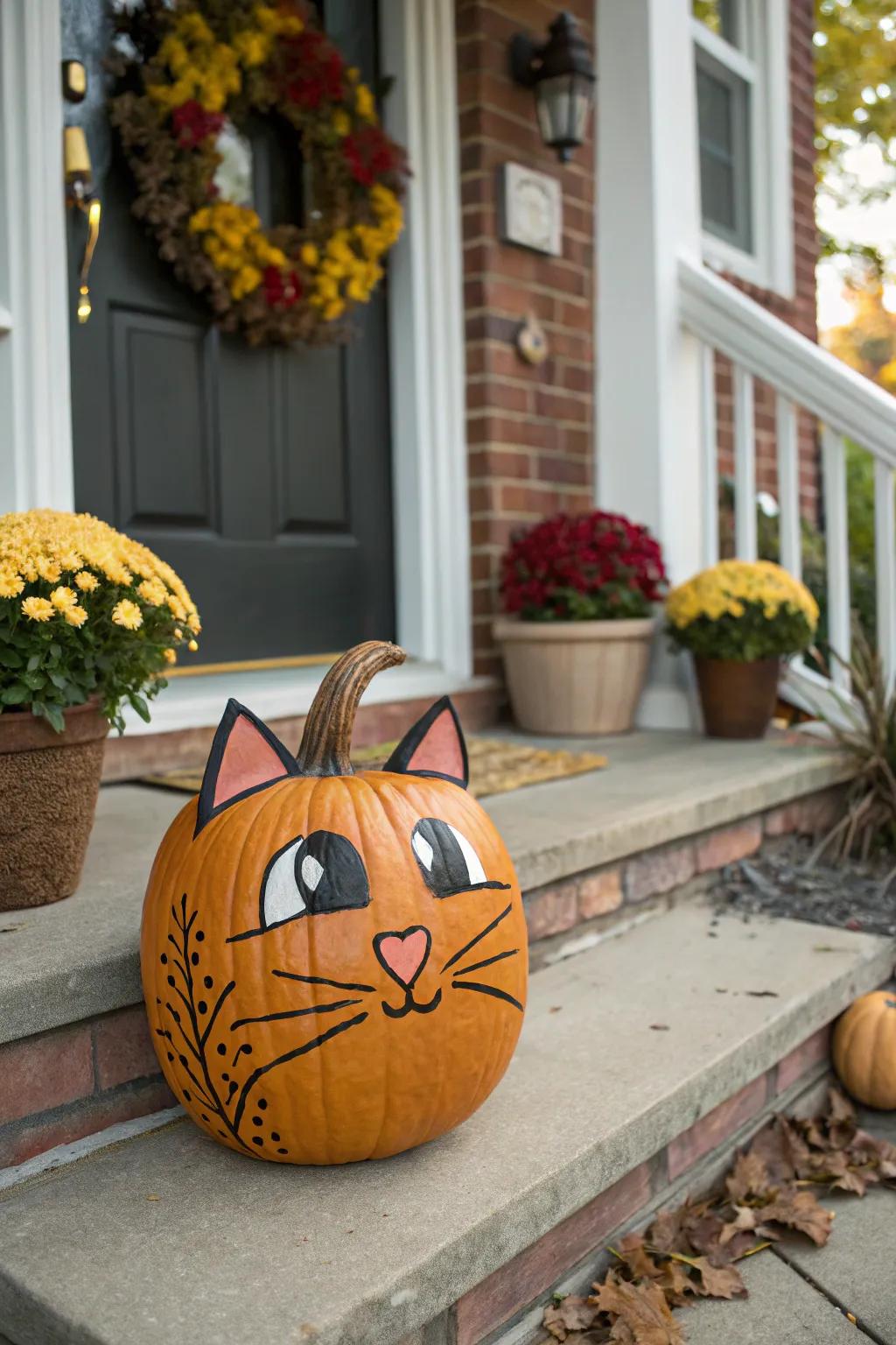 An adorable cat-themed pumpkin with whiskers.