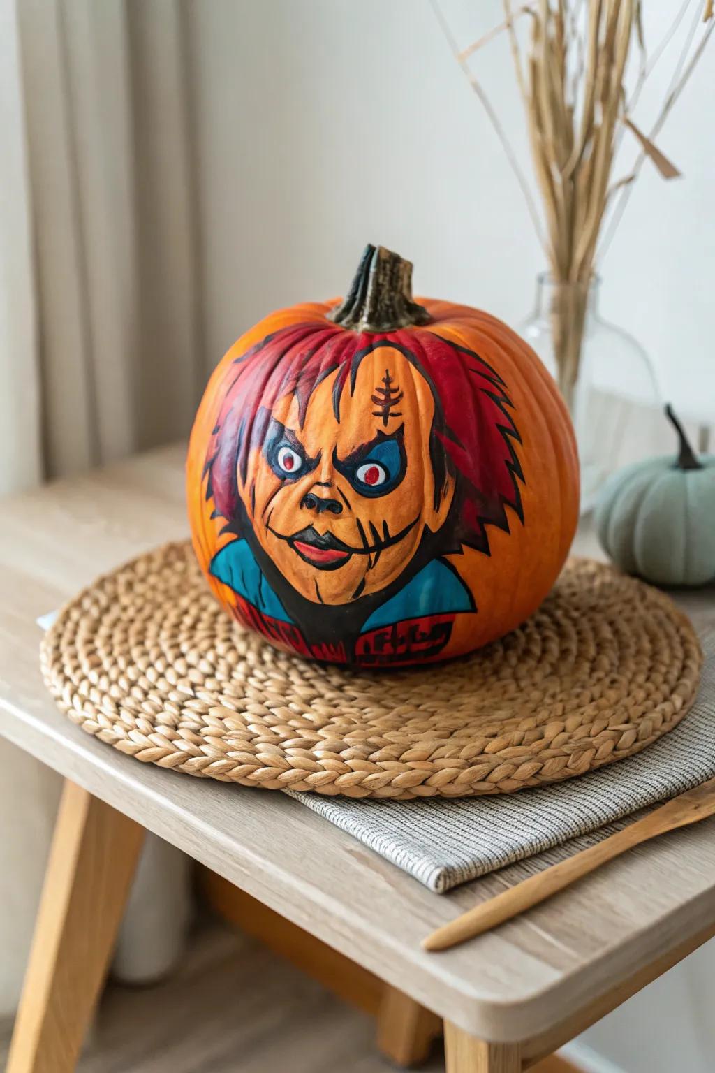 Transform your Halloween ornamentation with a breathtaking Chuckie-inspired painted pumpkin, where minimalist meets boho flair!