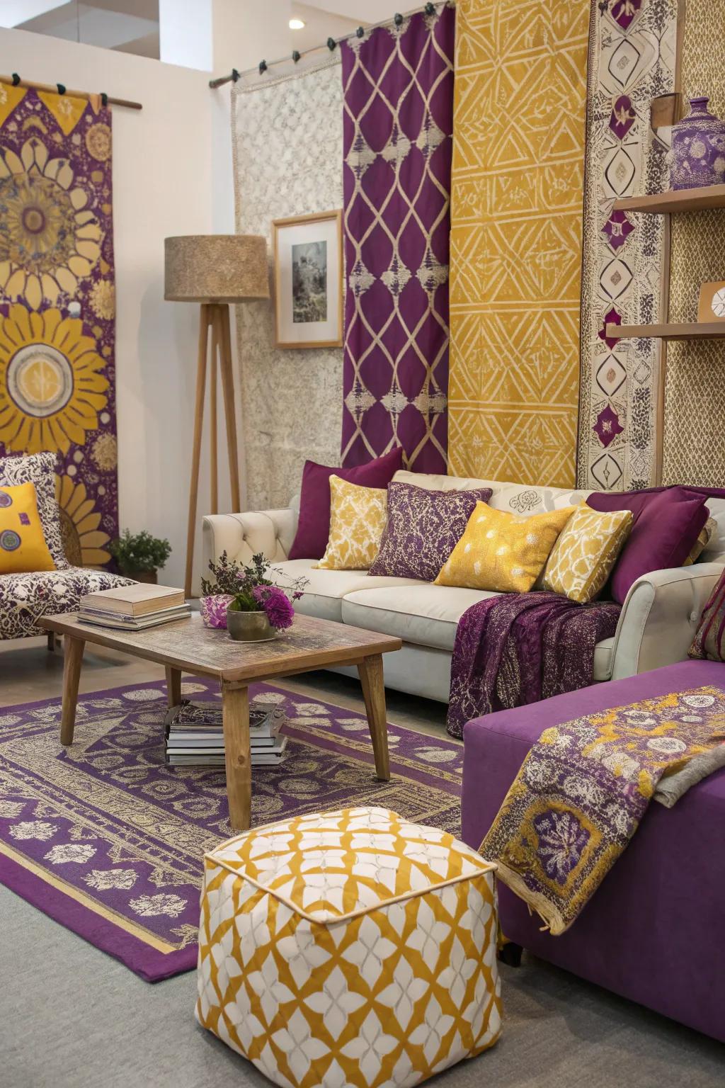 Mixing designs in purple and gold creates a daring and active look.