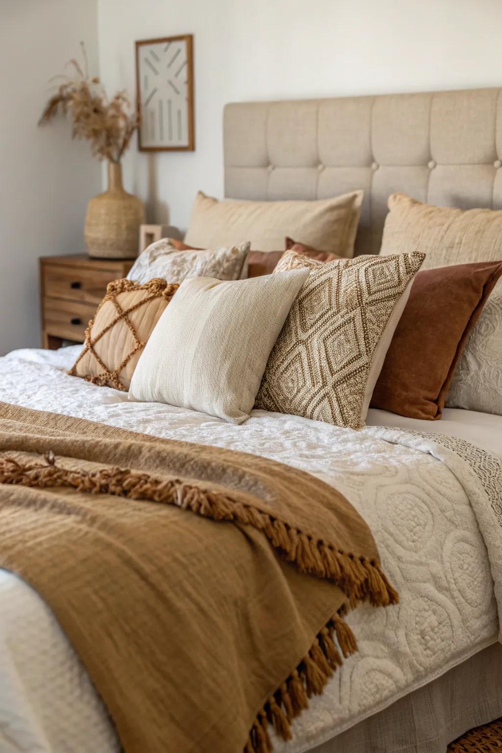 Unadulterated weaves and terrestrial shades convey country allure to pillow settings.