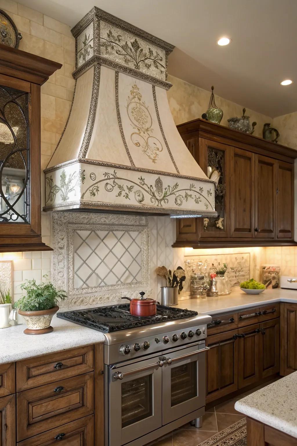 A vintage-inspired range hood evokes a nostalgic kitchen ambiance.