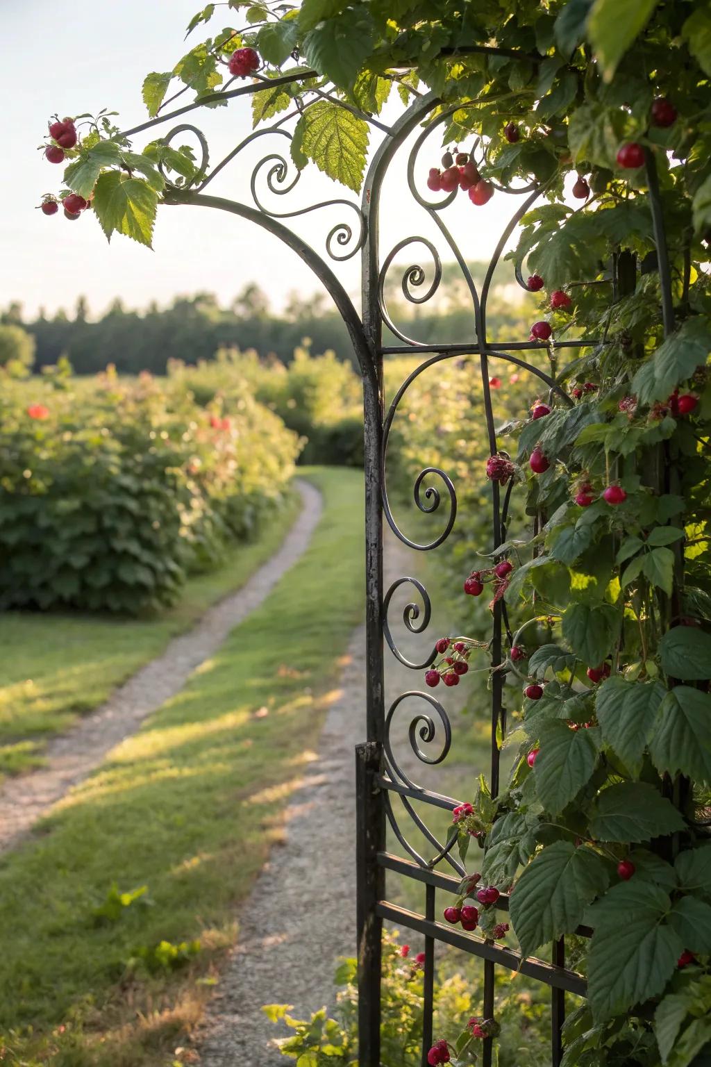 An iron trellis with ornamental features enhances garden aesthetics.