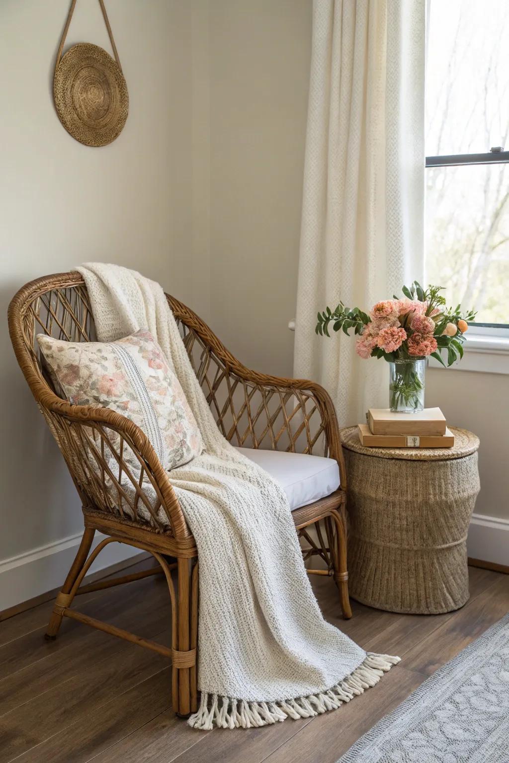 A rattan chair creates a cozy nook in your bedroom.