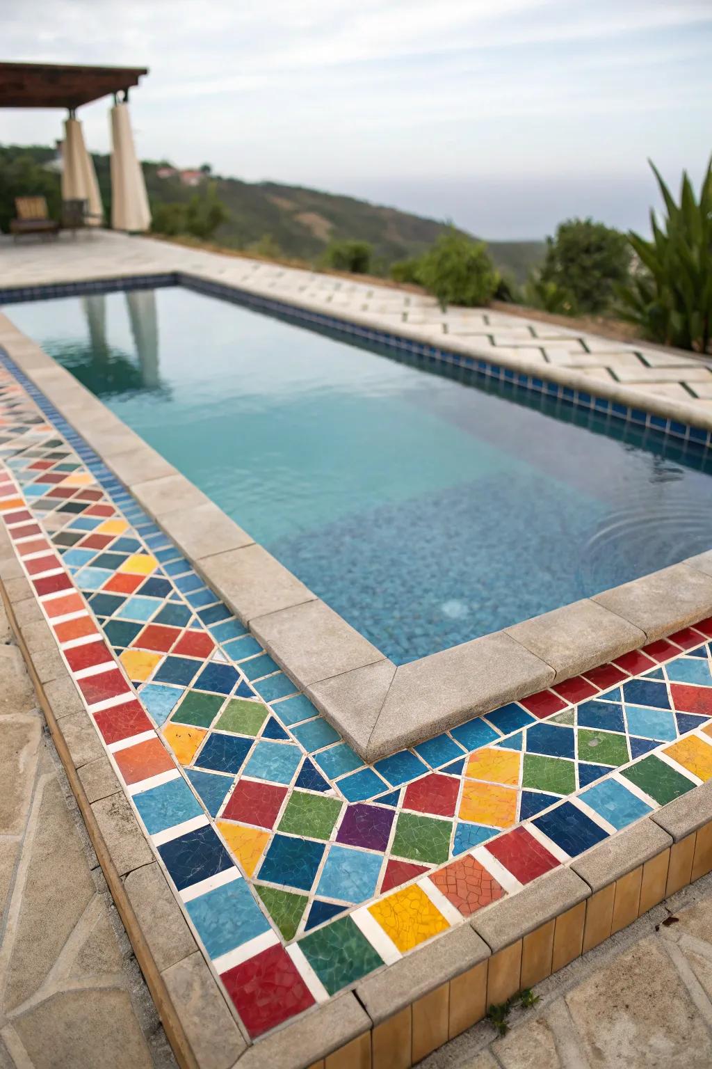 Bright mosaic squares add a lively touch to the pool.