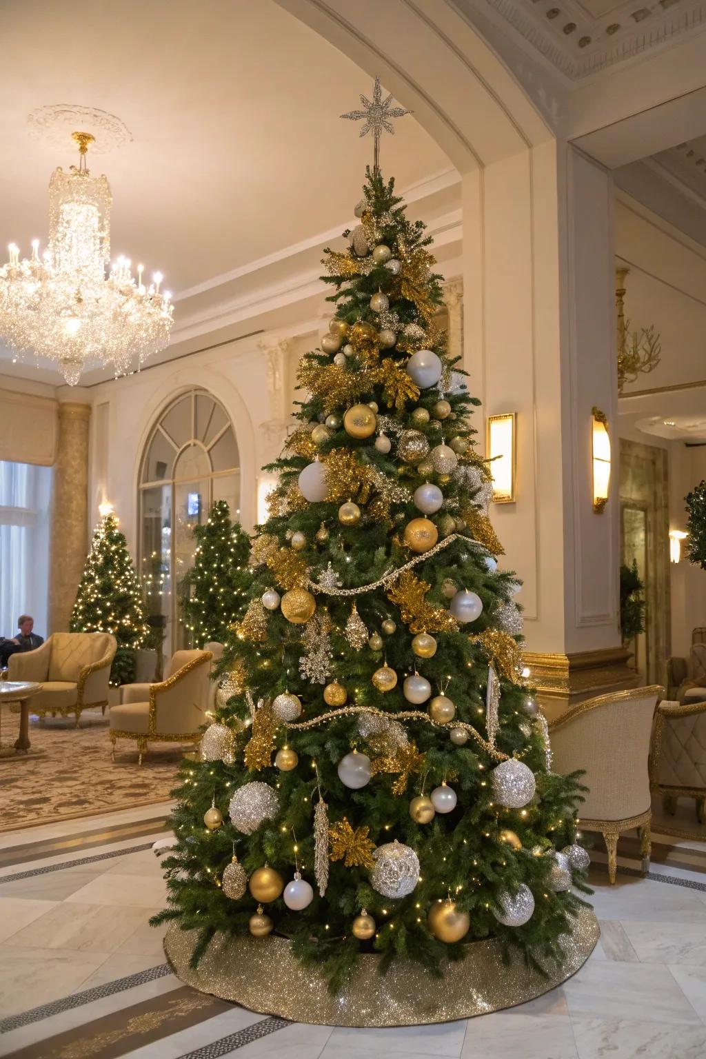 A gilded and ivory festoon adds glamour to the festive tree.