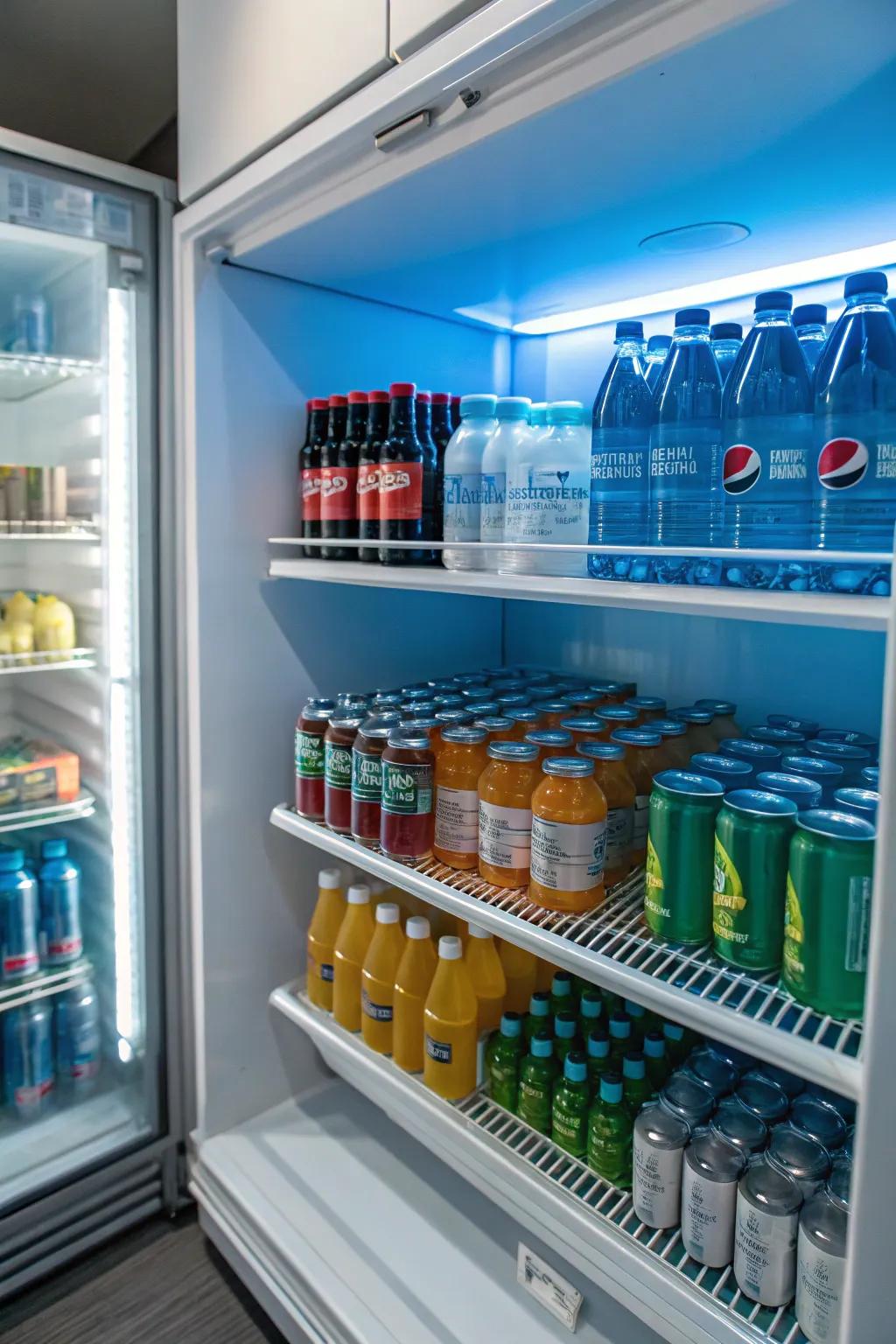 An area dedicated to beverages makes drink storage easier.