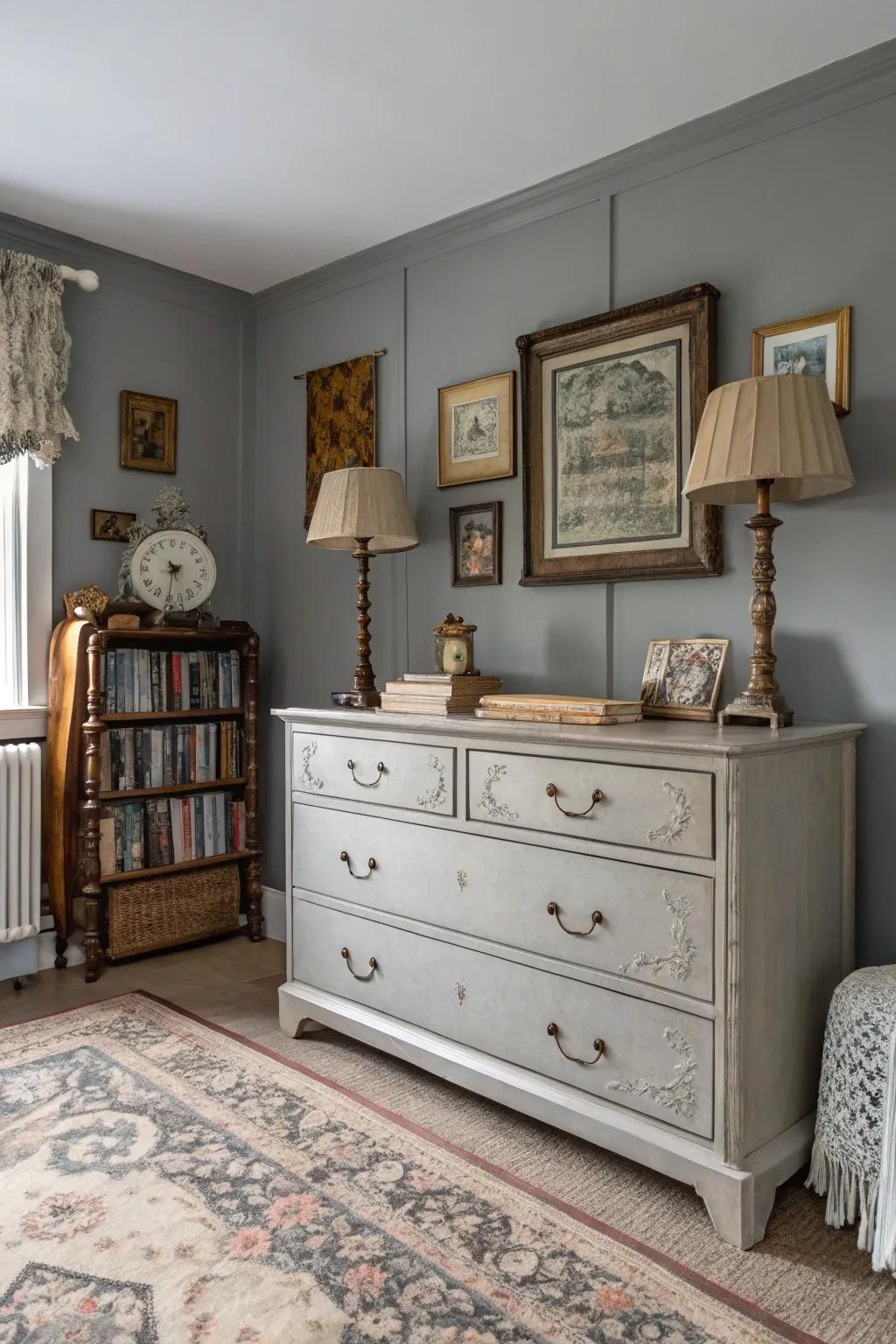 Vintage pieces add charm and character to a tranquil mist bedroom.