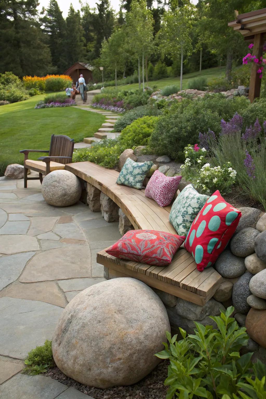Sizable stones construct a cozy and creative seating space within this garden.