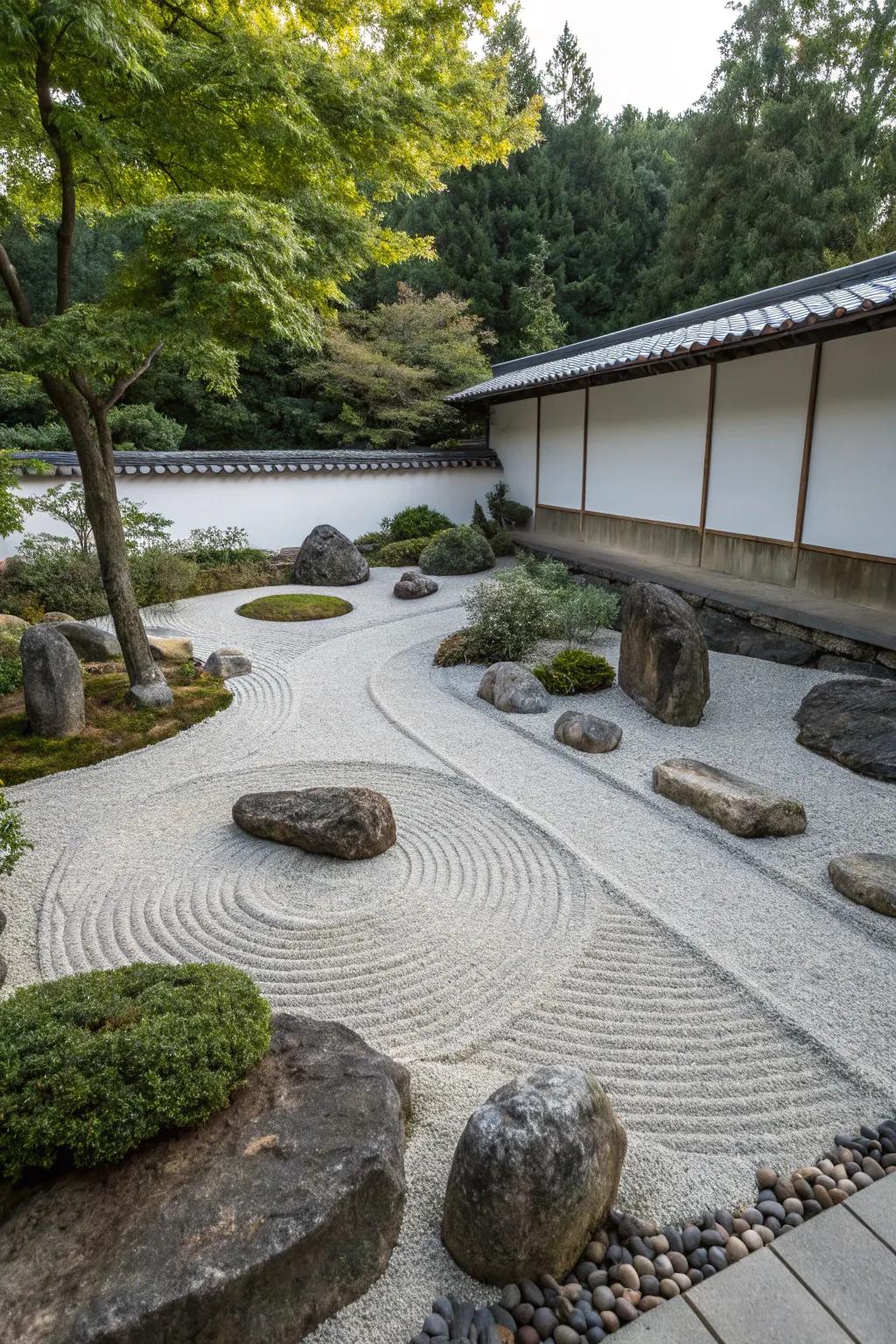 Zen gardens offer a serene escape using minimalistic rock designs.