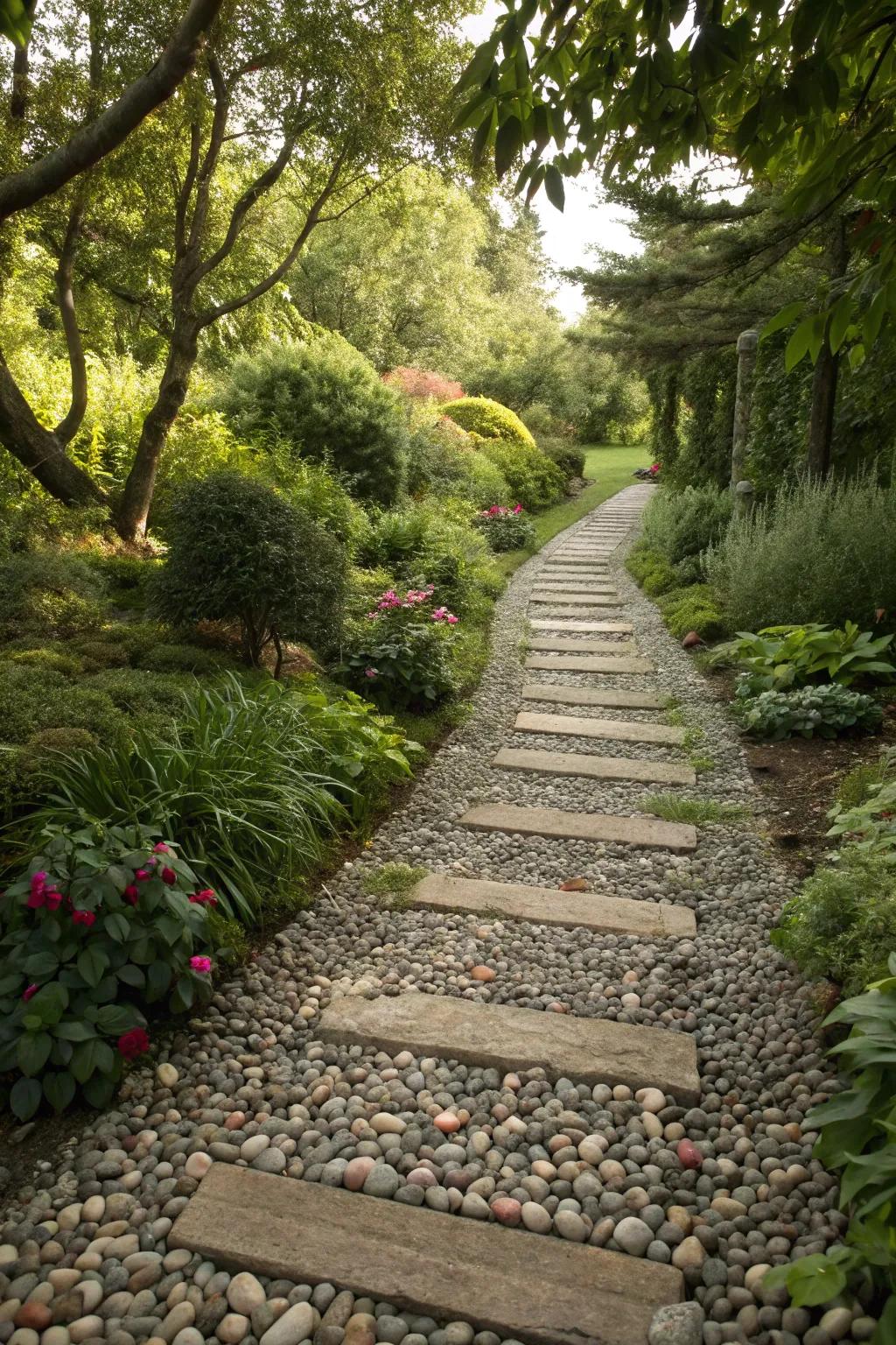 Pebbles create a path that’s both tactile and visual delight.