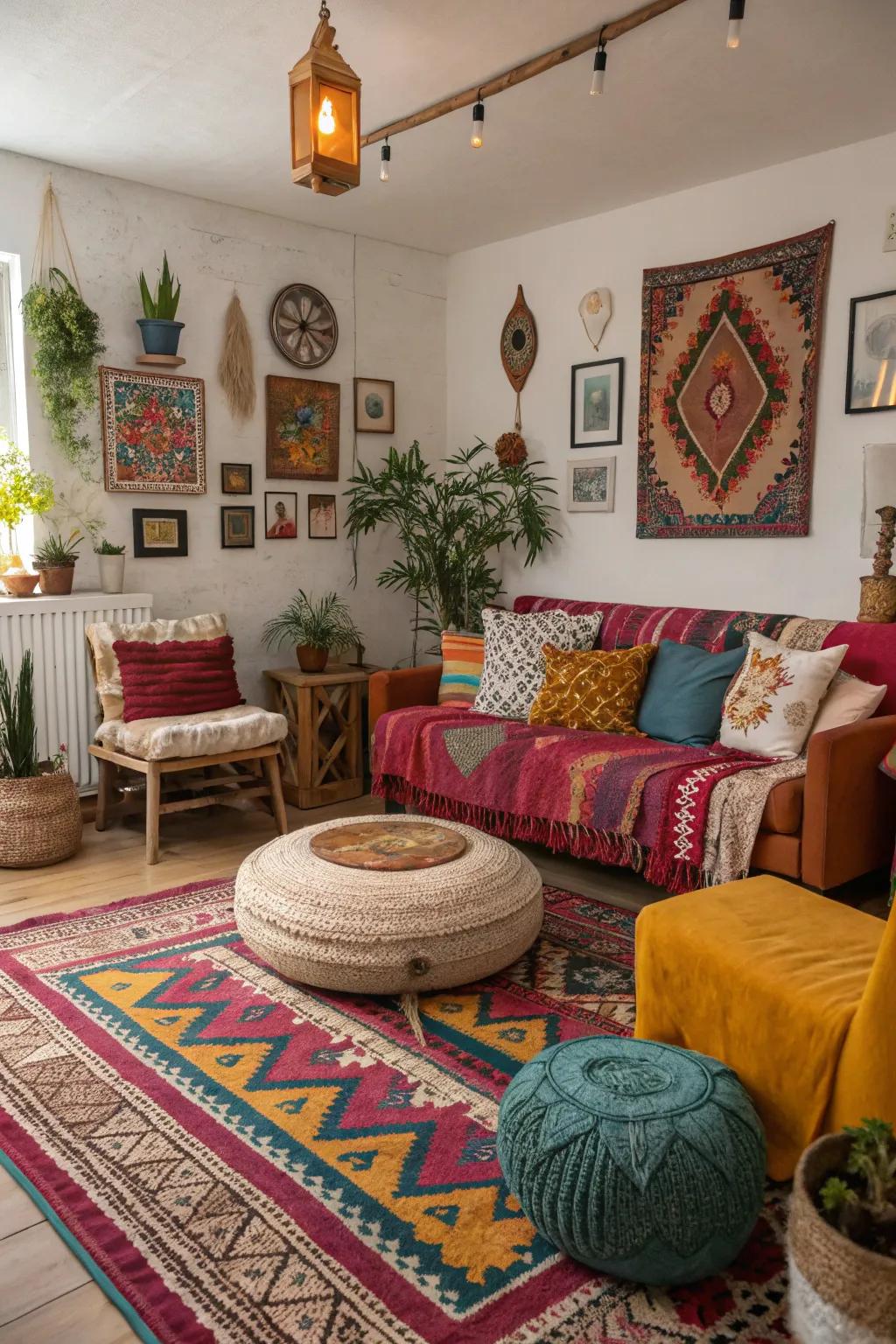 A bohemian living room featuring eclectic colors and vibrant style.