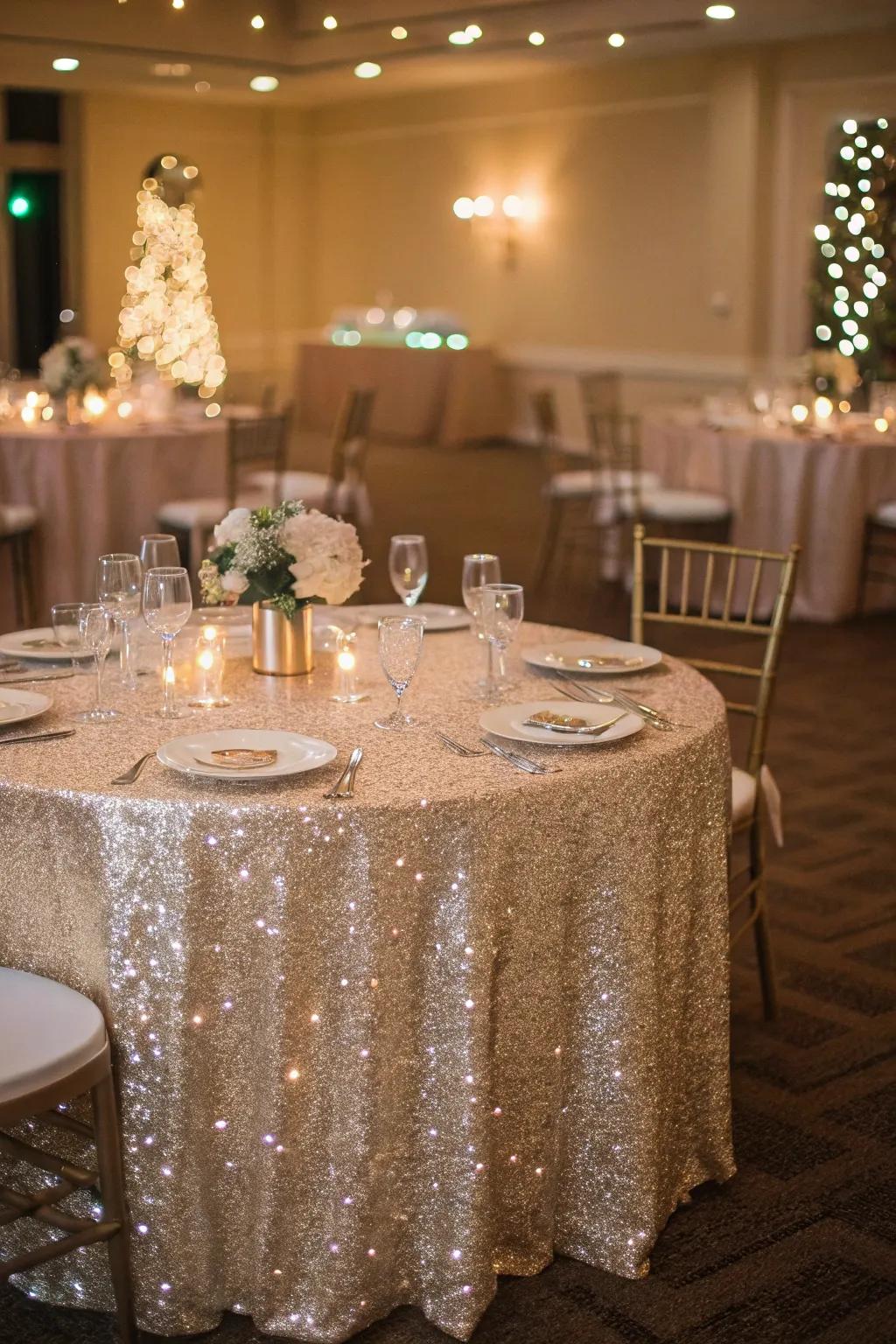 Sparkling table covering adding sparkle to a festive wedding.