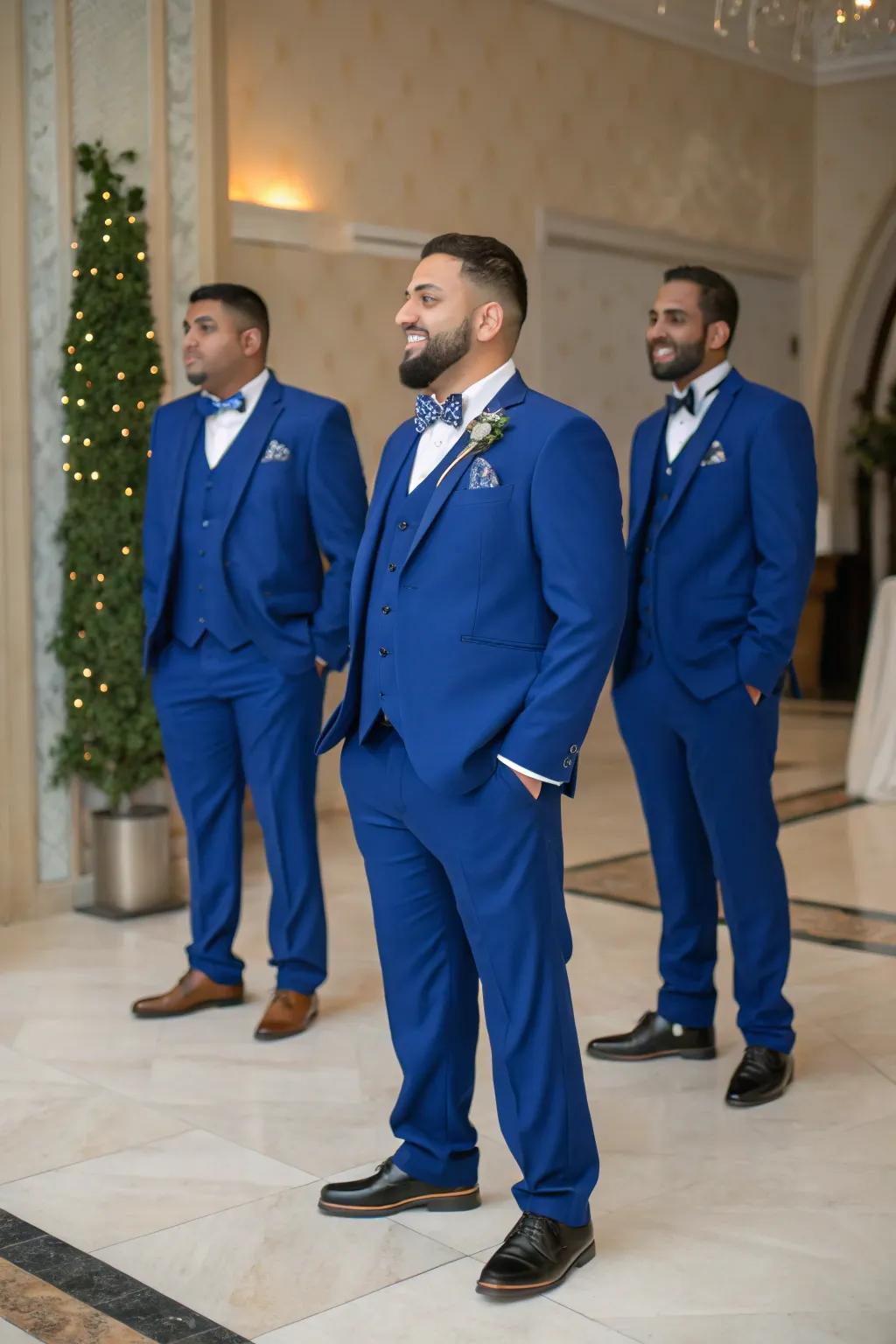 Groom and groomsmen looking dapper in sapphire splendor.