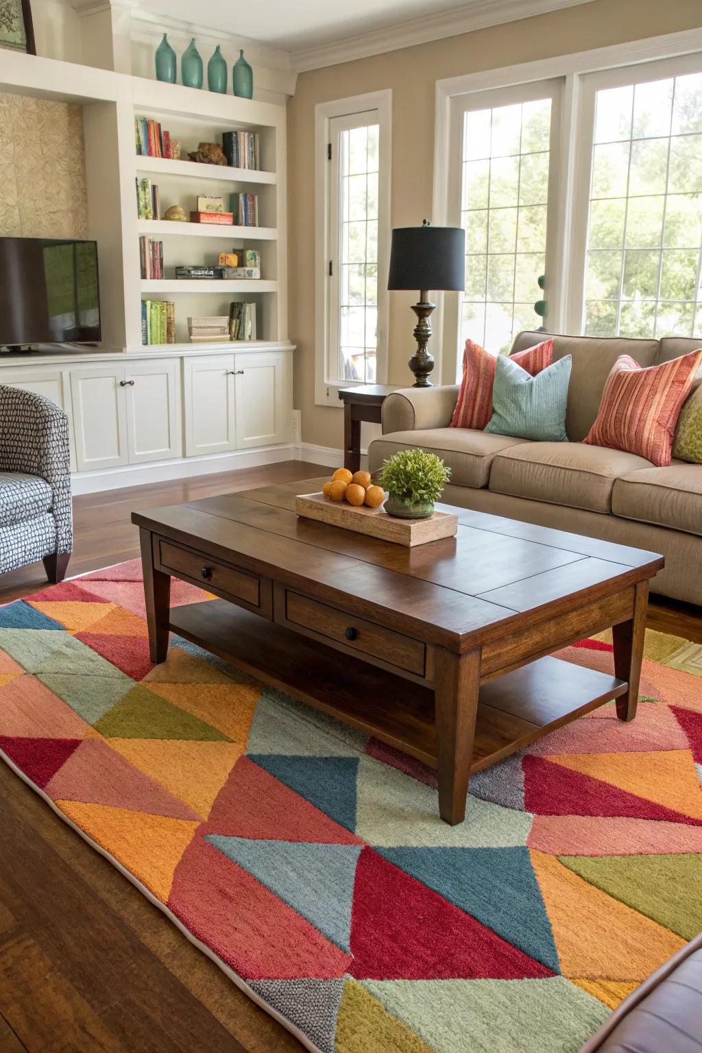 A well-placed rug can highlight key pieces of furniture.