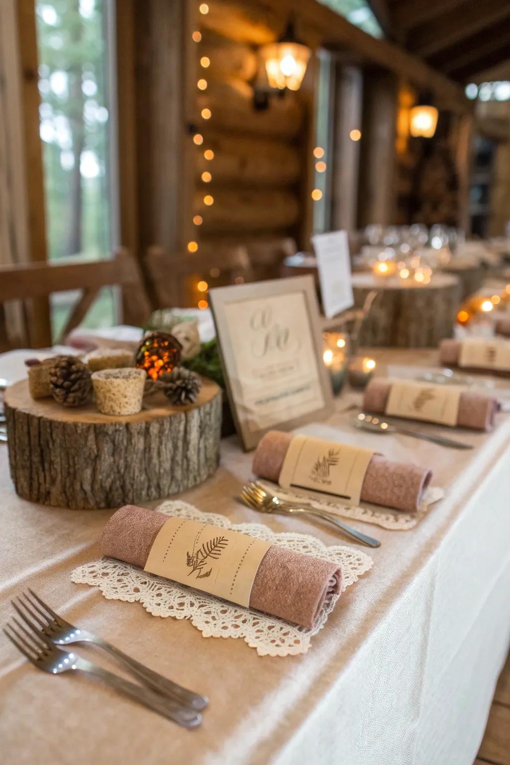 Personalized accents like napkin rings and position cards enhance the buffet desk.