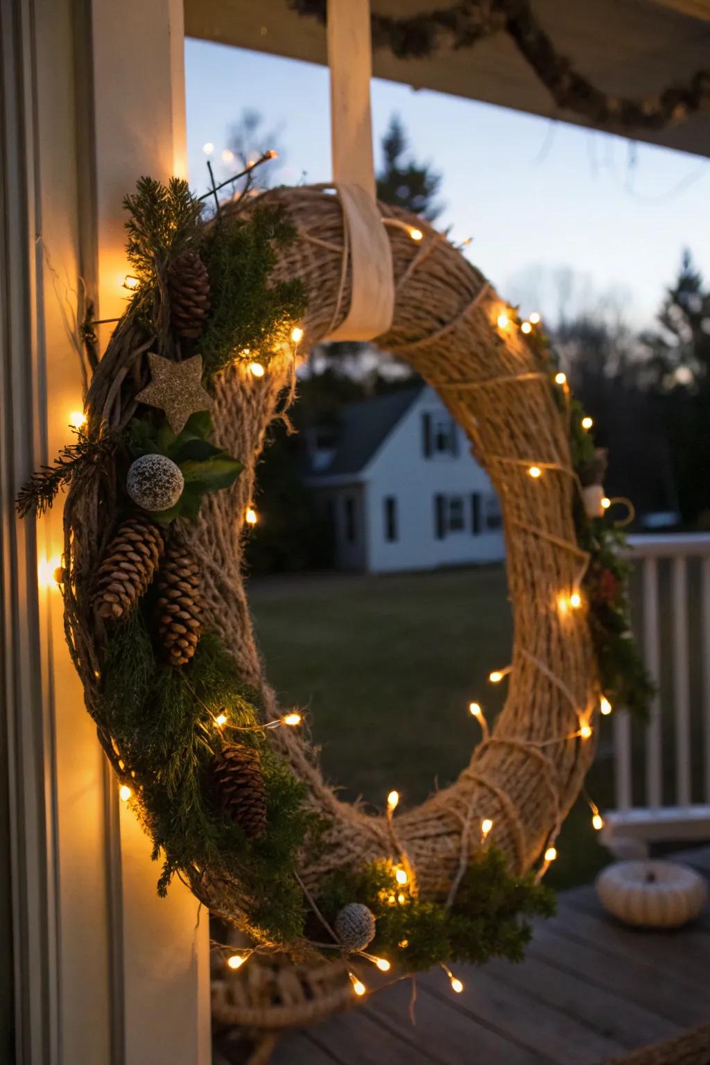 Cord and lights create a magical glow on this wreath.