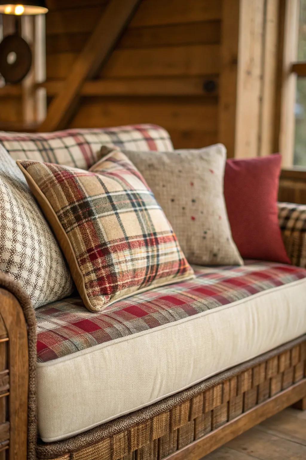 A sofa adorned with an assembly of plaid and solid cushions.