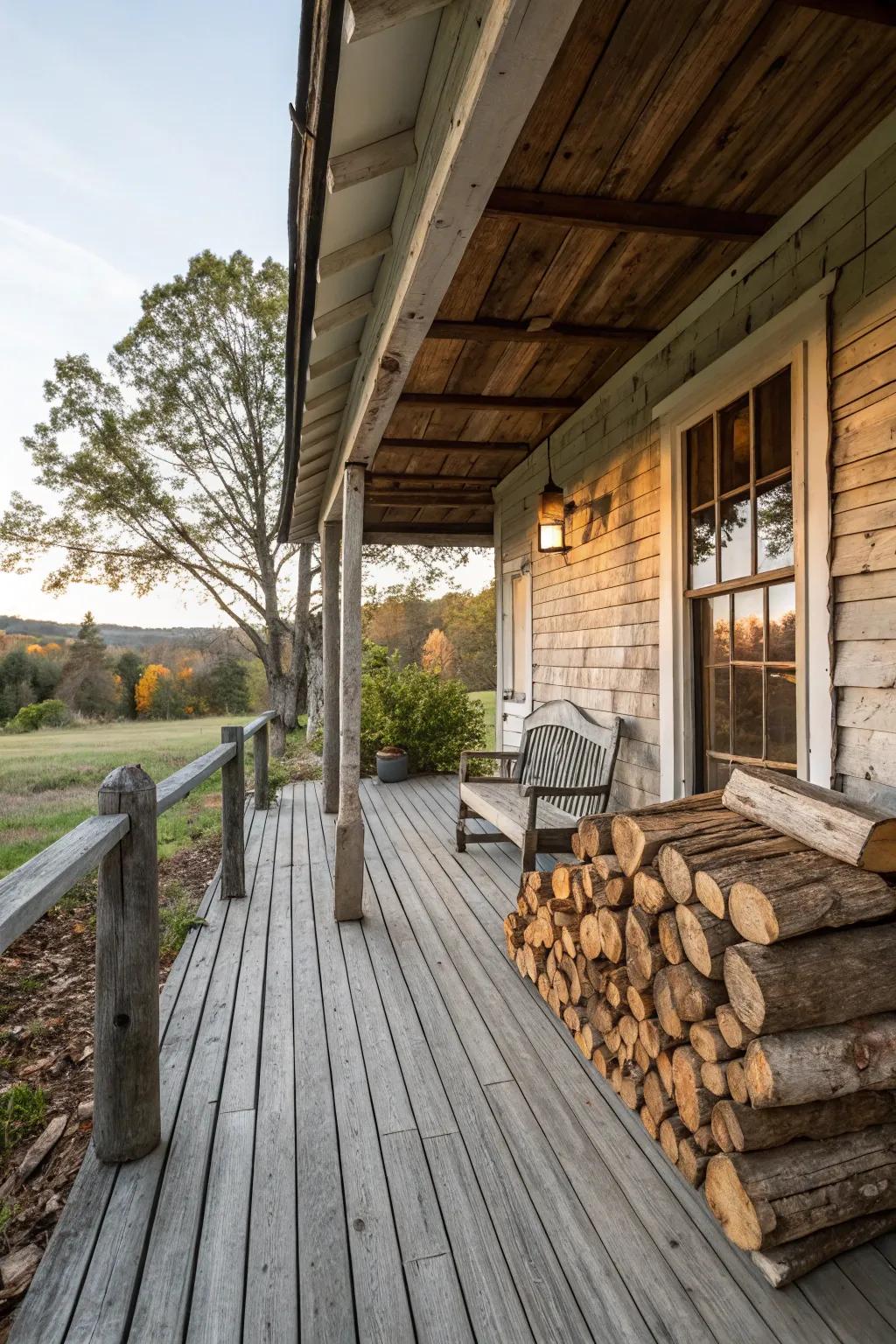Chopped log stacks add a useful and cozy touch to a rustic porch.