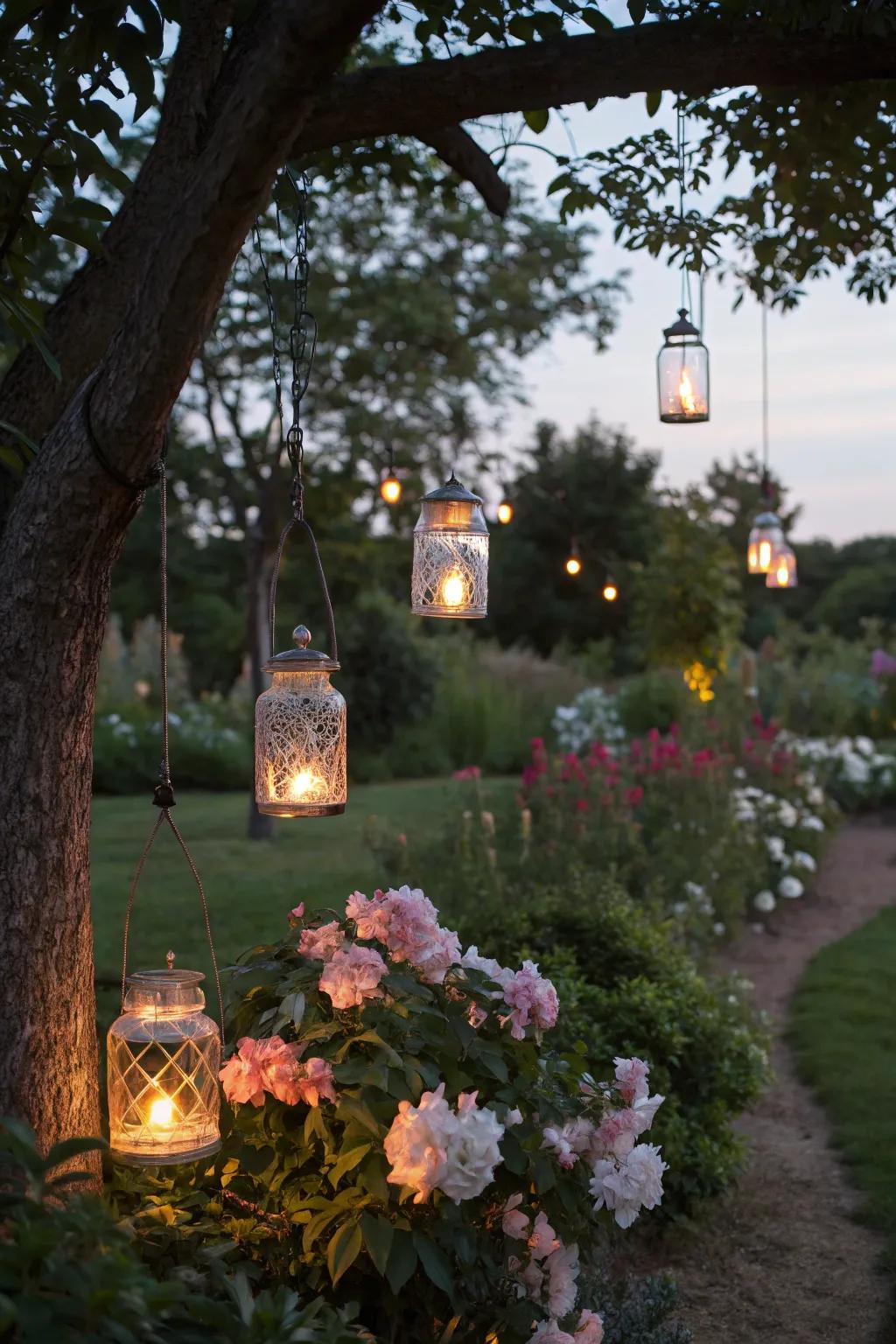 Glass enclosure lights emitting a warm radiance across the garden.